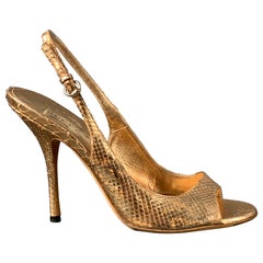 GUCCI Size 7 Gold Snake Skin Leather Slingback Heel Sandals
