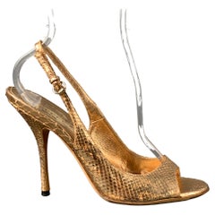 GUCCI Size 7 Gold Snake Skin Leather Slingback Heel Sandals