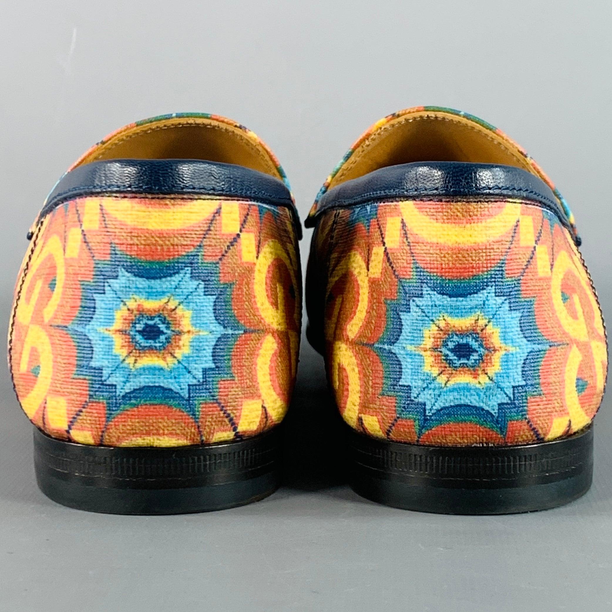 Beige GUCCI Size 7 Orange Blue Coated Canvas Leather GG Print Horsebit Loafers Flats For Sale