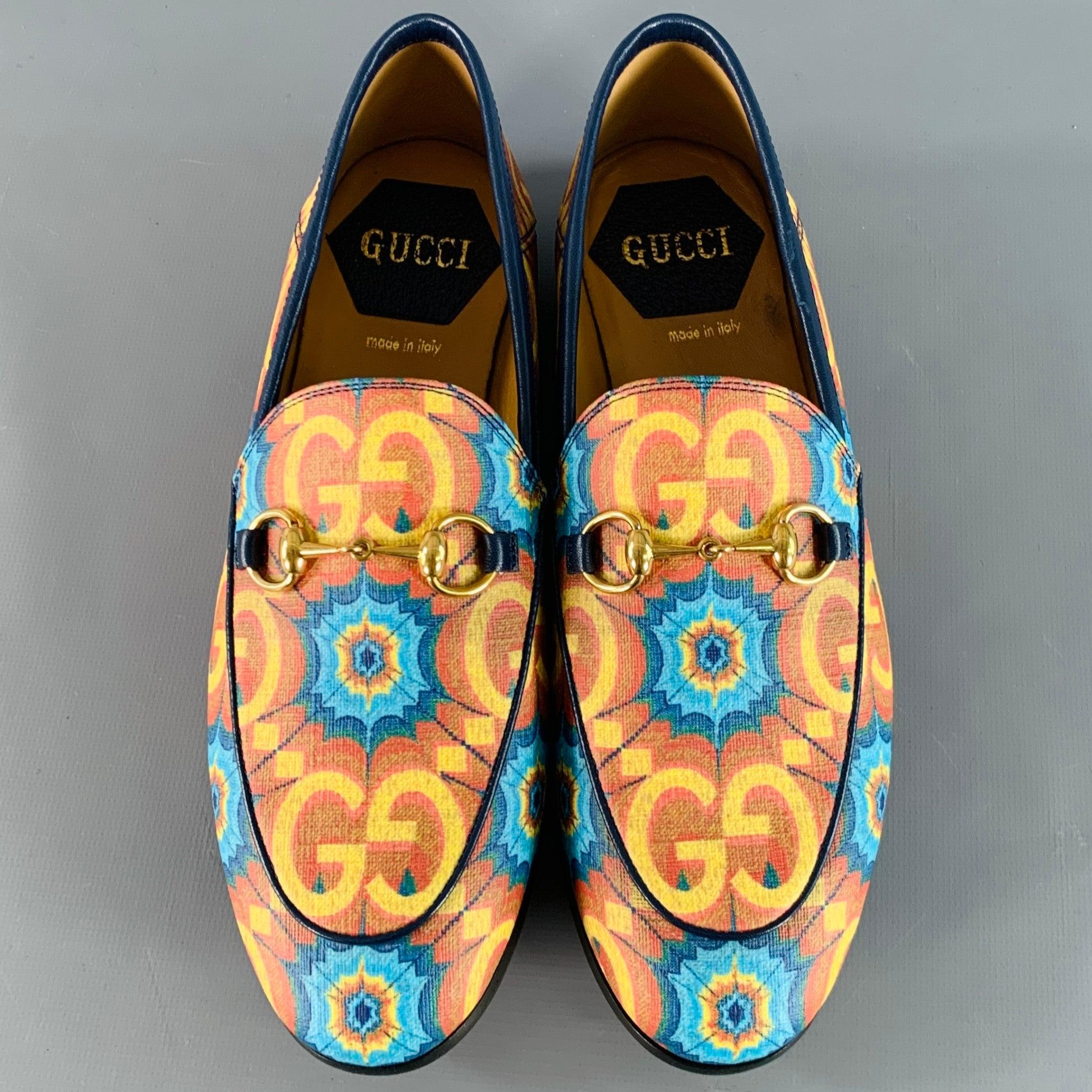 GUCCI Size 7 Orange Blue Coated Canvas Leather GG Print Horsebit Loafers Flats In Good Condition For Sale In San Francisco, CA