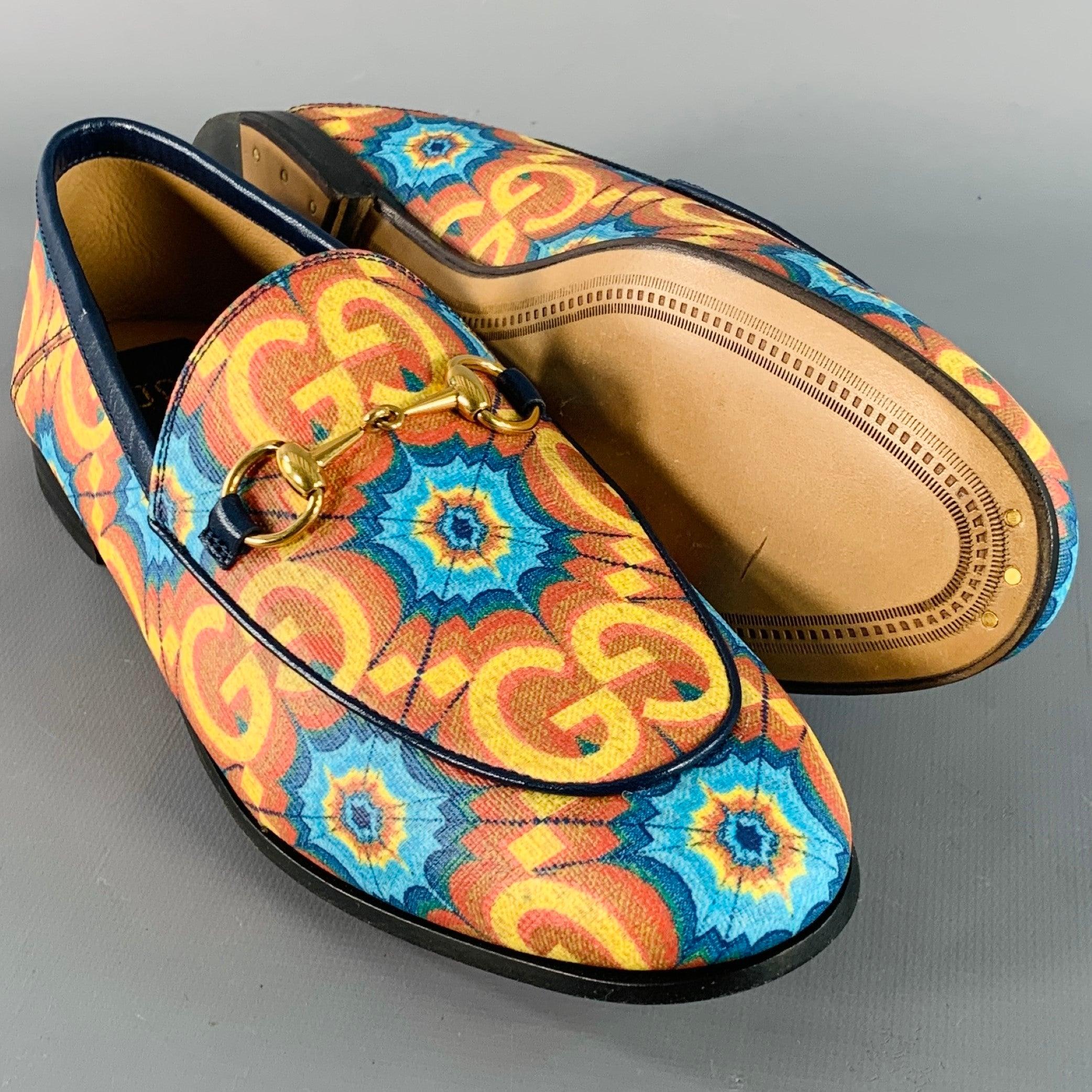 Women's GUCCI Size 7 Orange Blue Coated Canvas Leather GG Print Horsebit Loafers Flats For Sale
