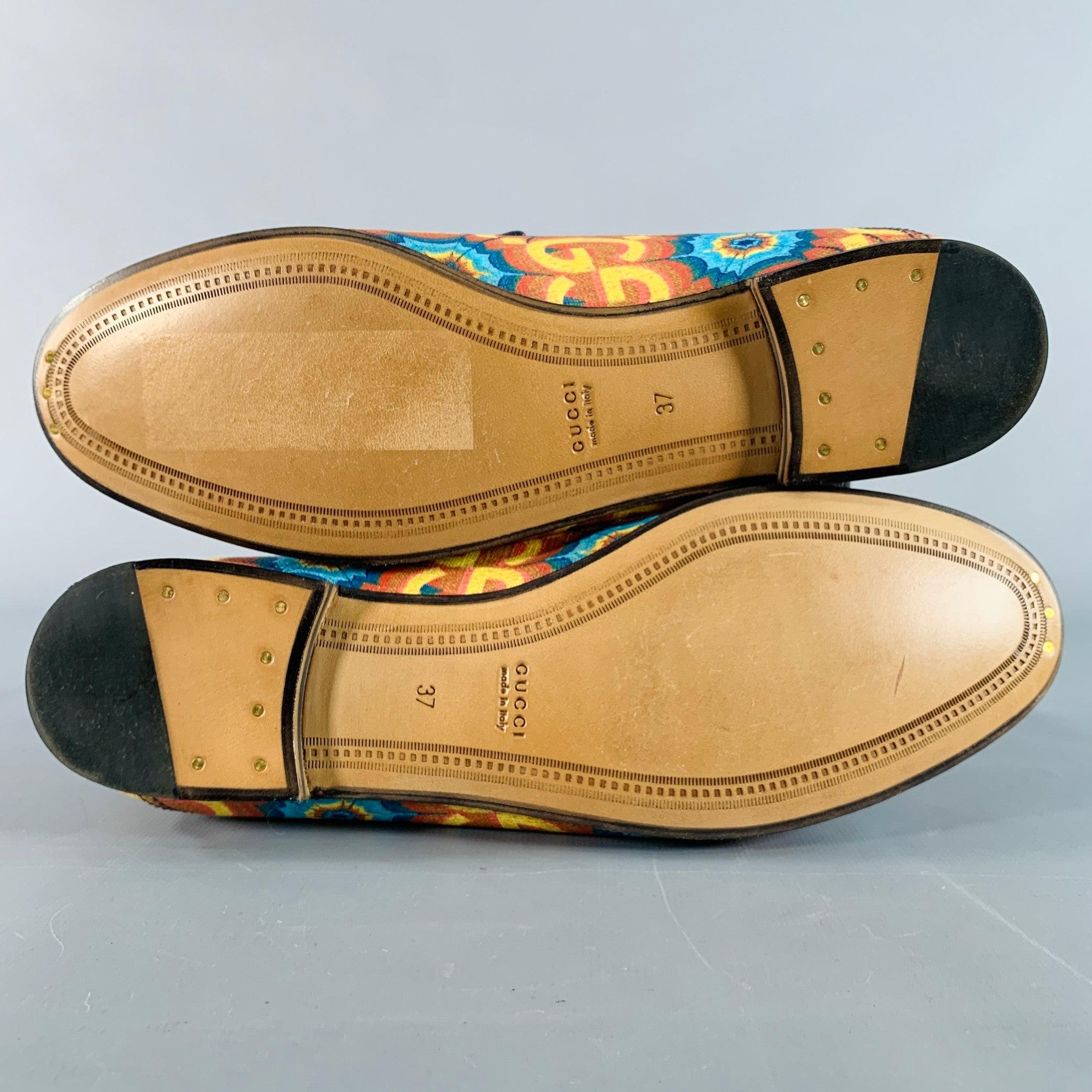 GUCCI Size 7 Orange Blue Coated Canvas Leather GG Print Horsebit Loafers Flats For Sale 1