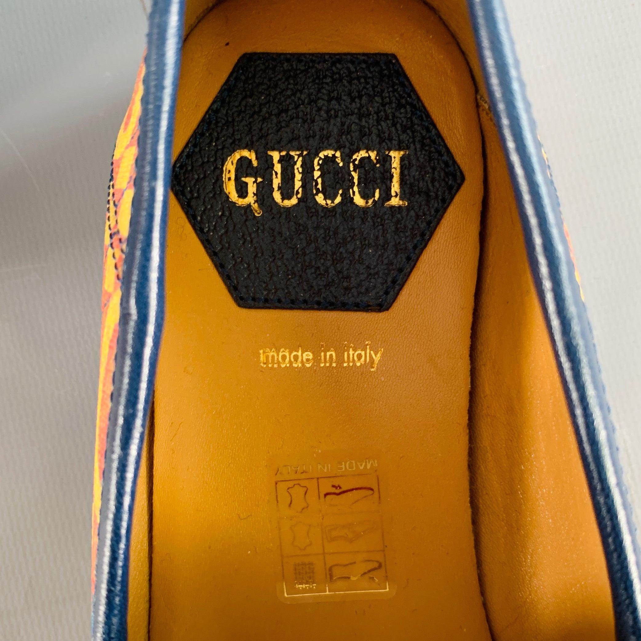 GUCCI Size 7 Orange Blue Coated Canvas Leather GG Print Horsebit Loafers Flats For Sale 3