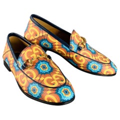 GUCCI Size 7 Orange Blue Coated Canvas Leather GG Print Horsebit Loafers Flats