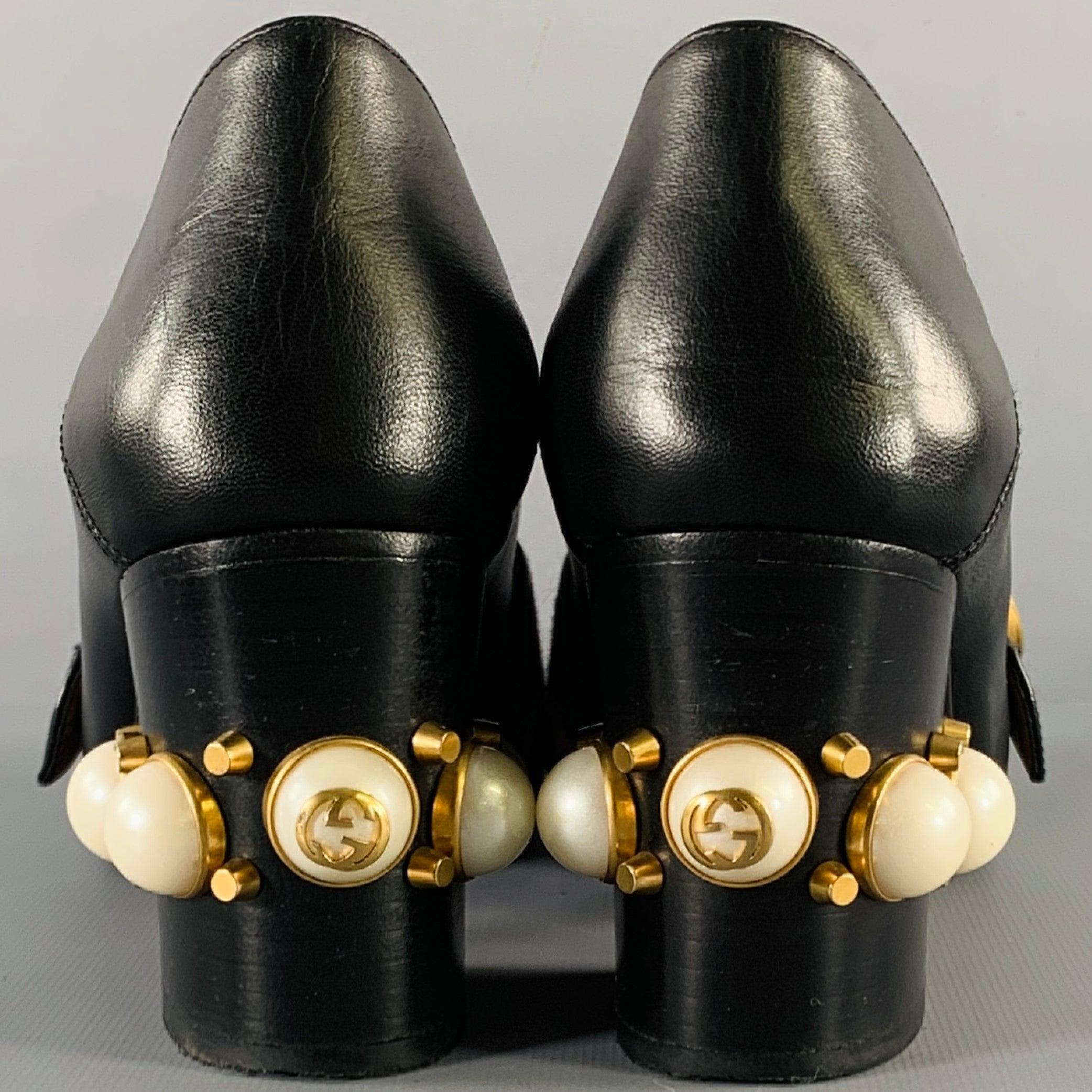 Women's GUCCI Size 7.5 Marmont Black Leather Pearls Chunky Heel Pumps