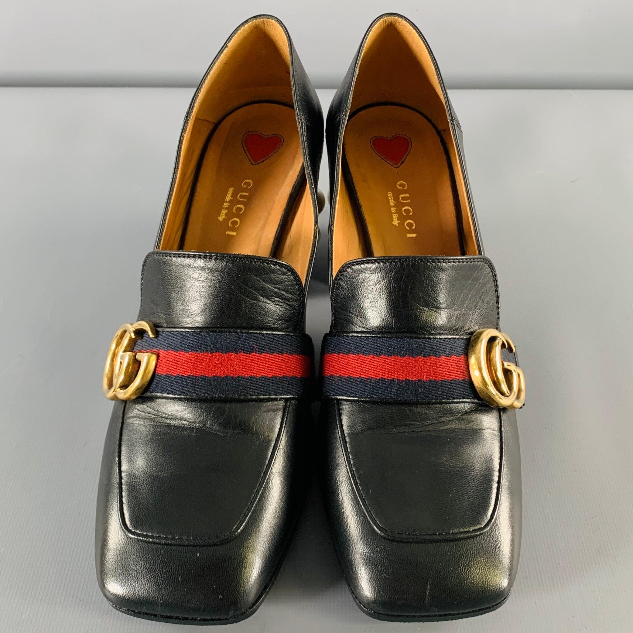 GUCCI Size 7.5 Marmont Black Leather Pearls Chunky Heel Pumps 1