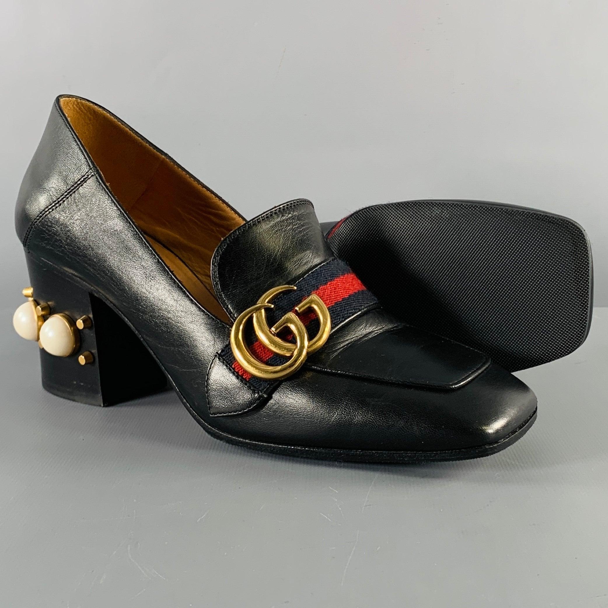 GUCCI Size 7.5 Marmont Black Leather Pearls Chunky Heel Pumps 2