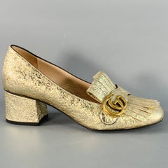 GUCCI Size 7.5 Metallic Gold Leather Textured Eyelash Fringed Pumps