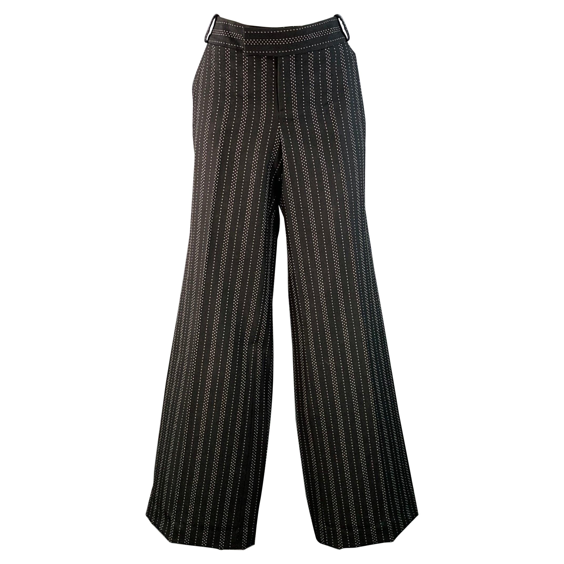 Gucci Size 8 Black Grey Wool Cotton Dots Wide Leg Dress Pants