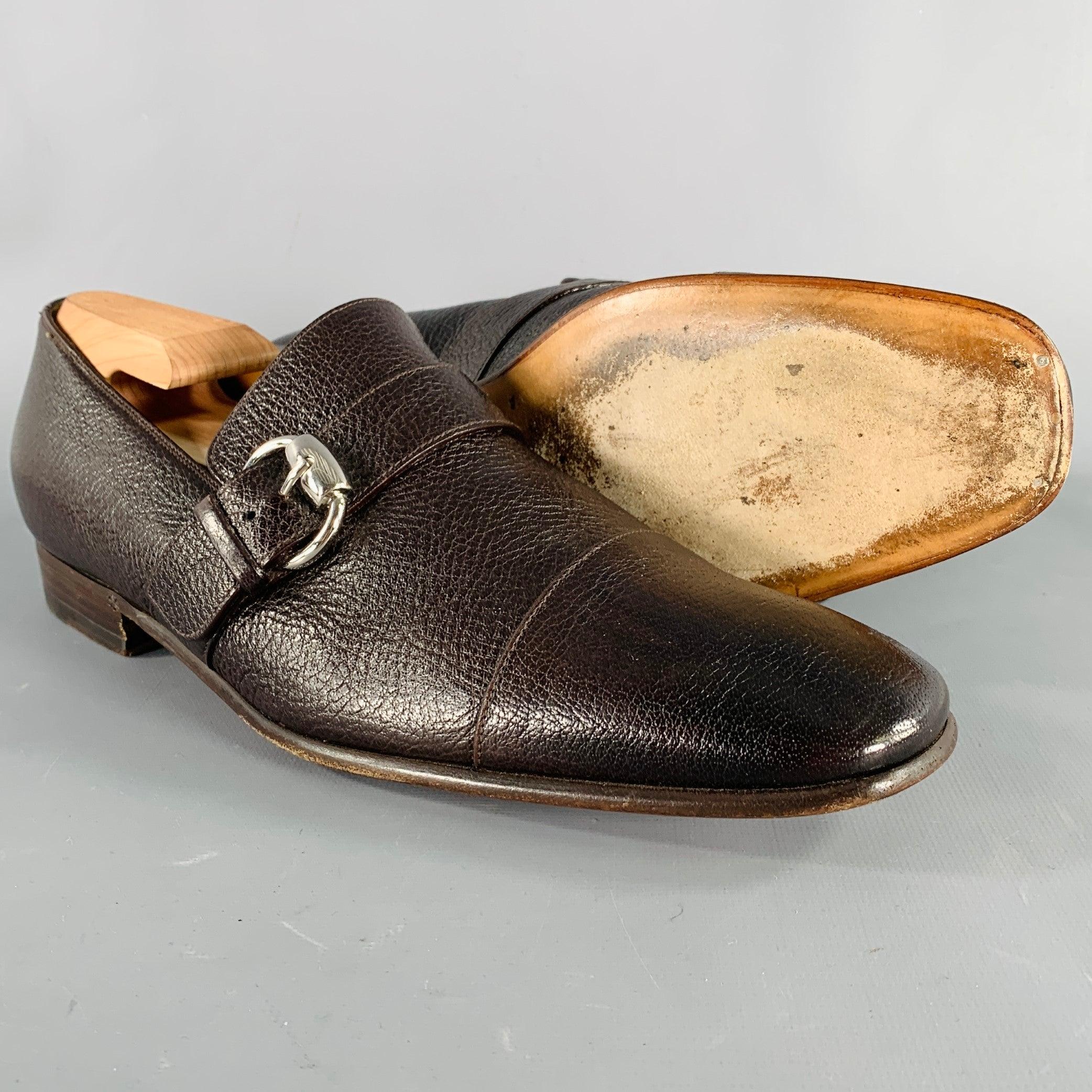 Men's GUCCI Size 8 Brown Leather Buckle Loafers For Sale