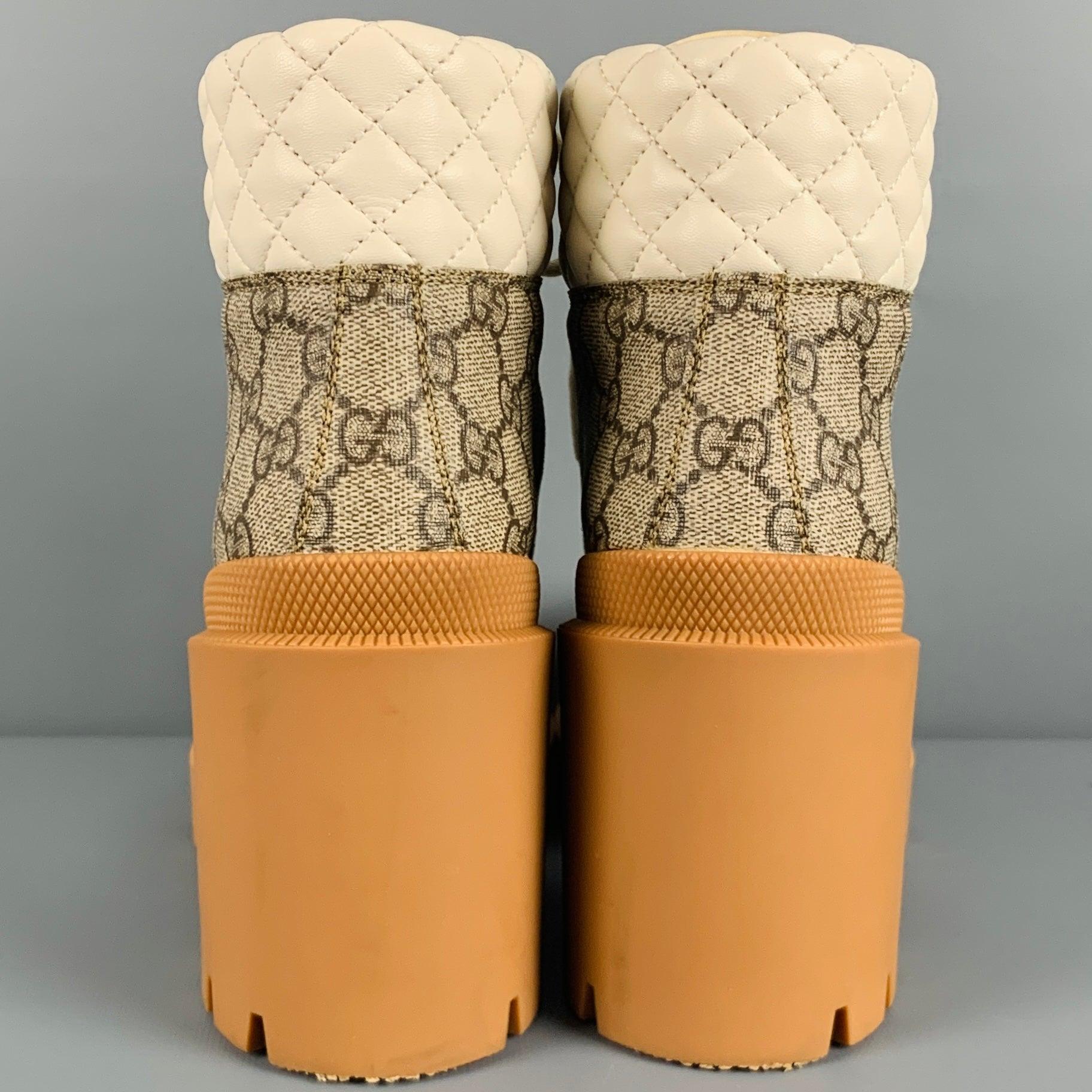 GUCCI Size 8 Cream Brown Leather Monogram Chunky Heel Boots In Good Condition For Sale In San Francisco, CA