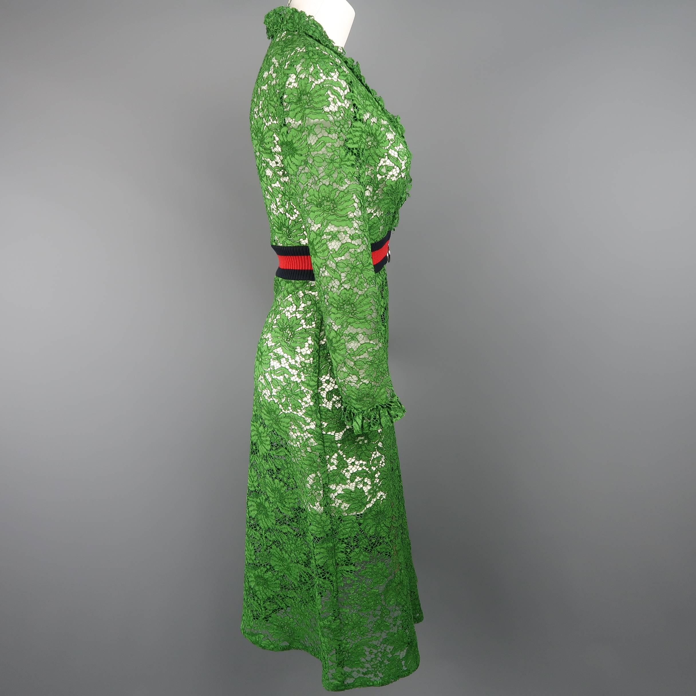 Women's Gucci Green Ruffled Lace Striped Waist Zip A Line Dress