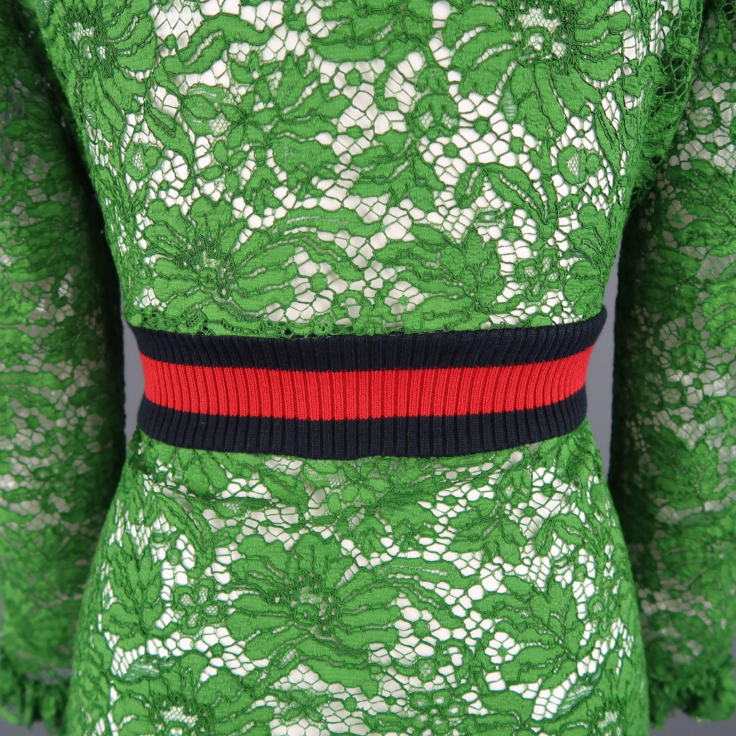 Gucci Green Ruffled Lace Striped Waist Zip A Line Dress 2