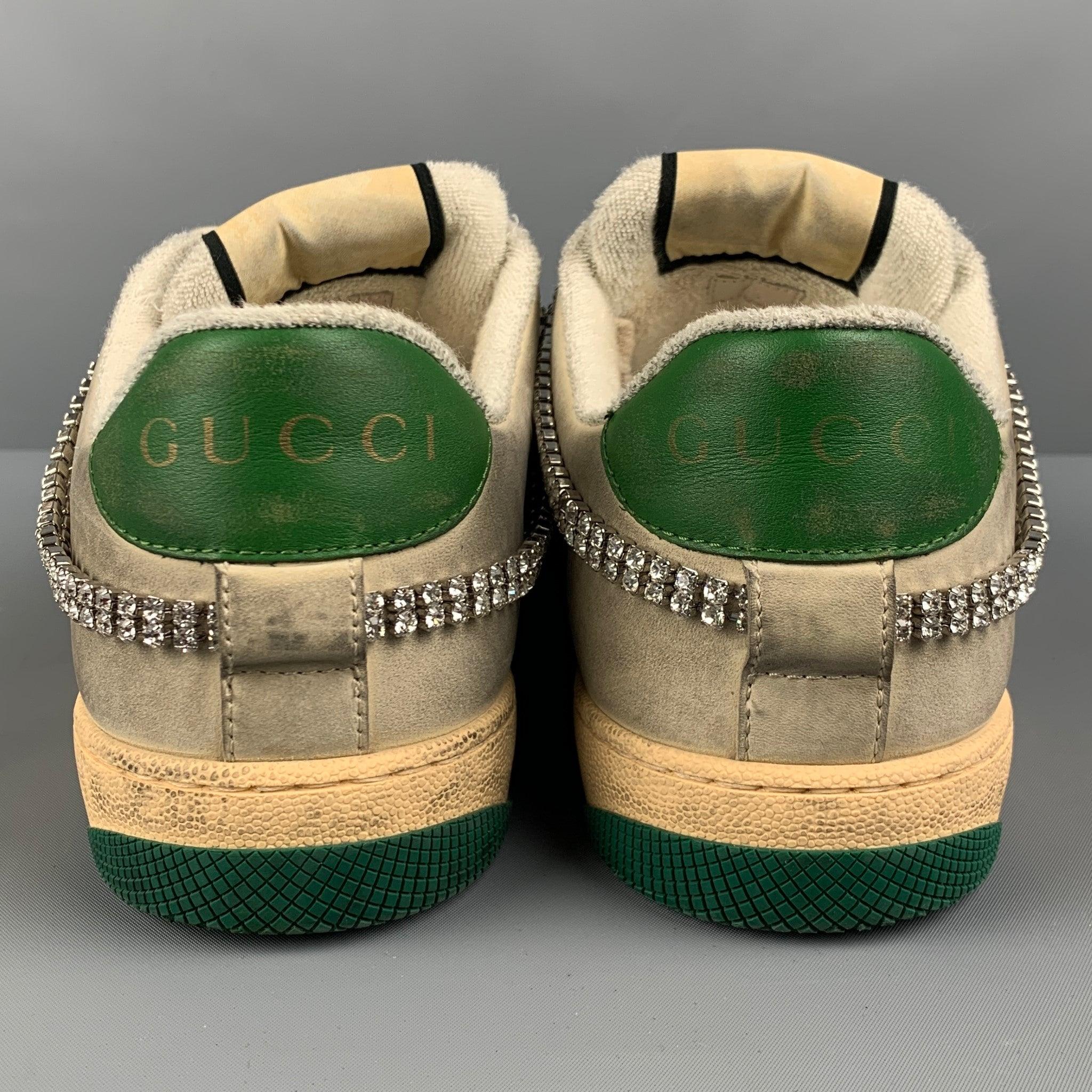 GUCCI Size 8 Off White Distressed Leather Lace Up Crystal Screener Sneakers In Good Condition For Sale In San Francisco, CA