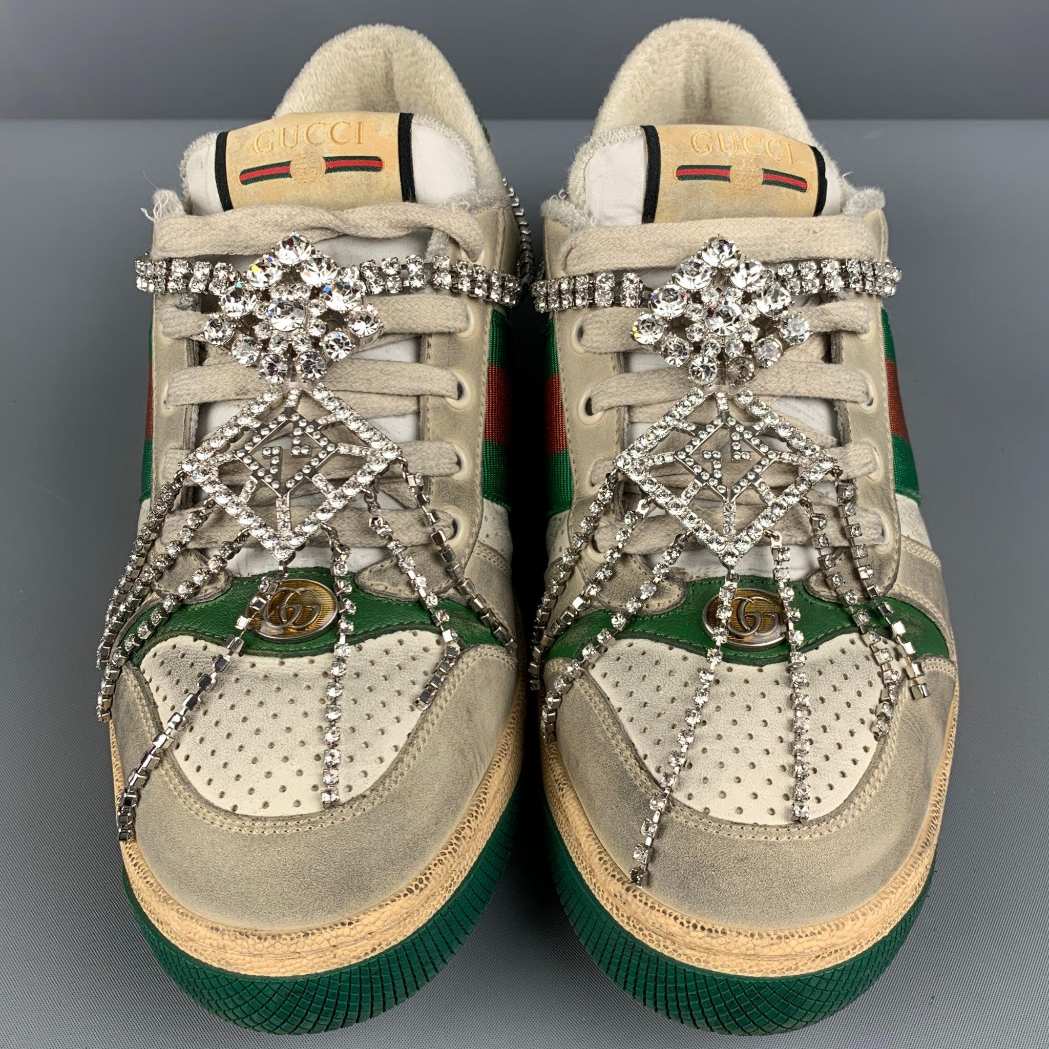 Men's GUCCI Size 8 Off White Distressed Leather Lace Up Crystal Screener Sneakers For Sale