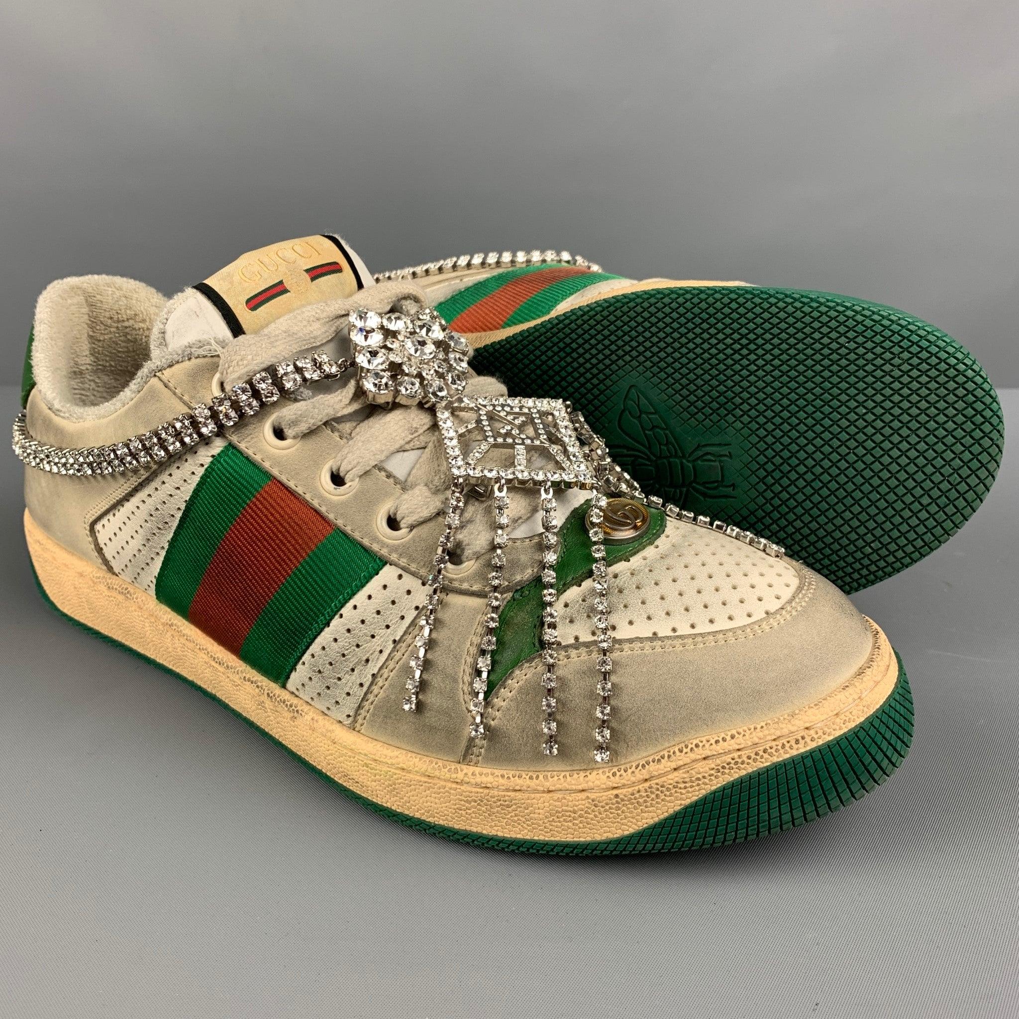 GUCCI Size 8 Off White Distressed Leather Lace Up Crystal Screener Sneakers For Sale 1