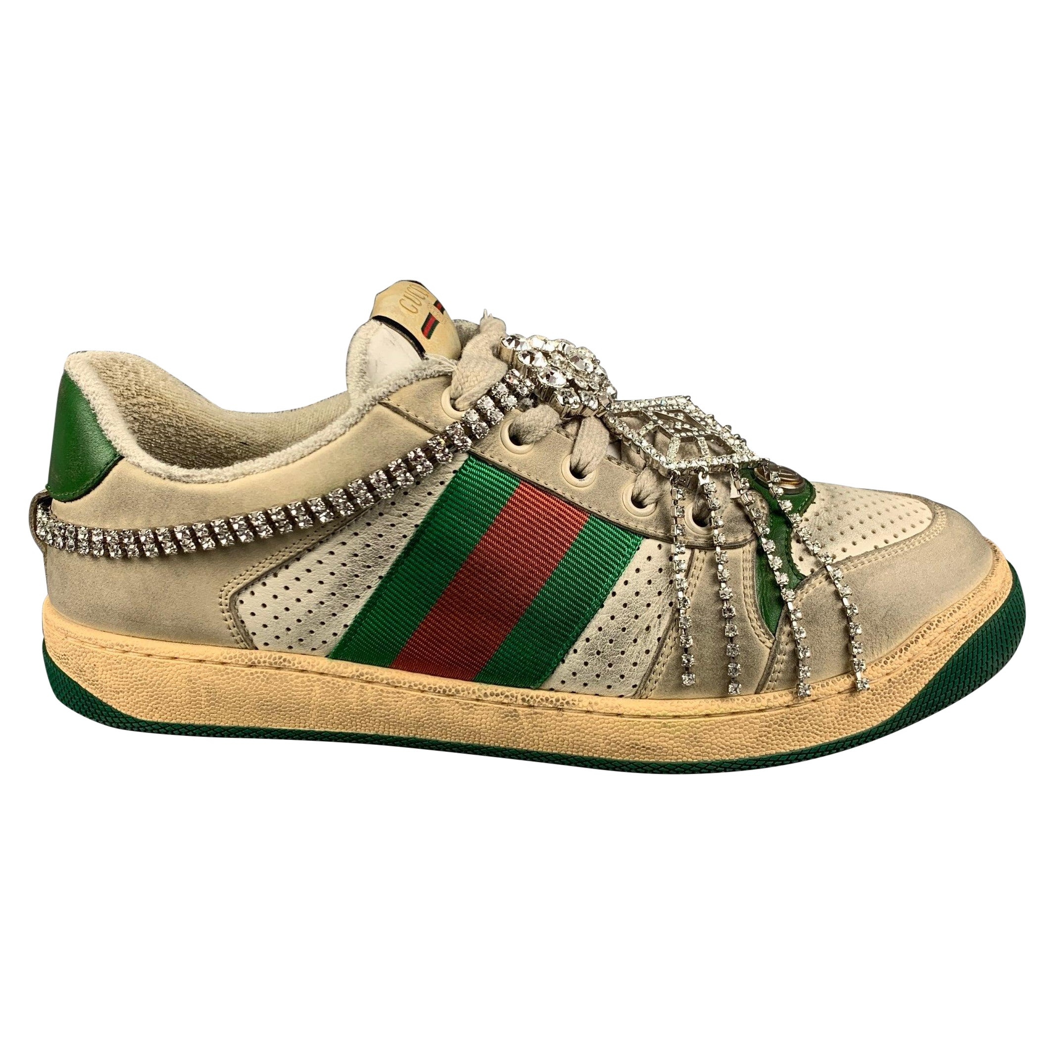GUCCI Size 8 Off White Distressed Leather Lace Up Crystal Screener Sneakers