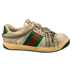GUCCI Size 8 Off White Distressed Leather Lace Up Crystal Screener Sneakers