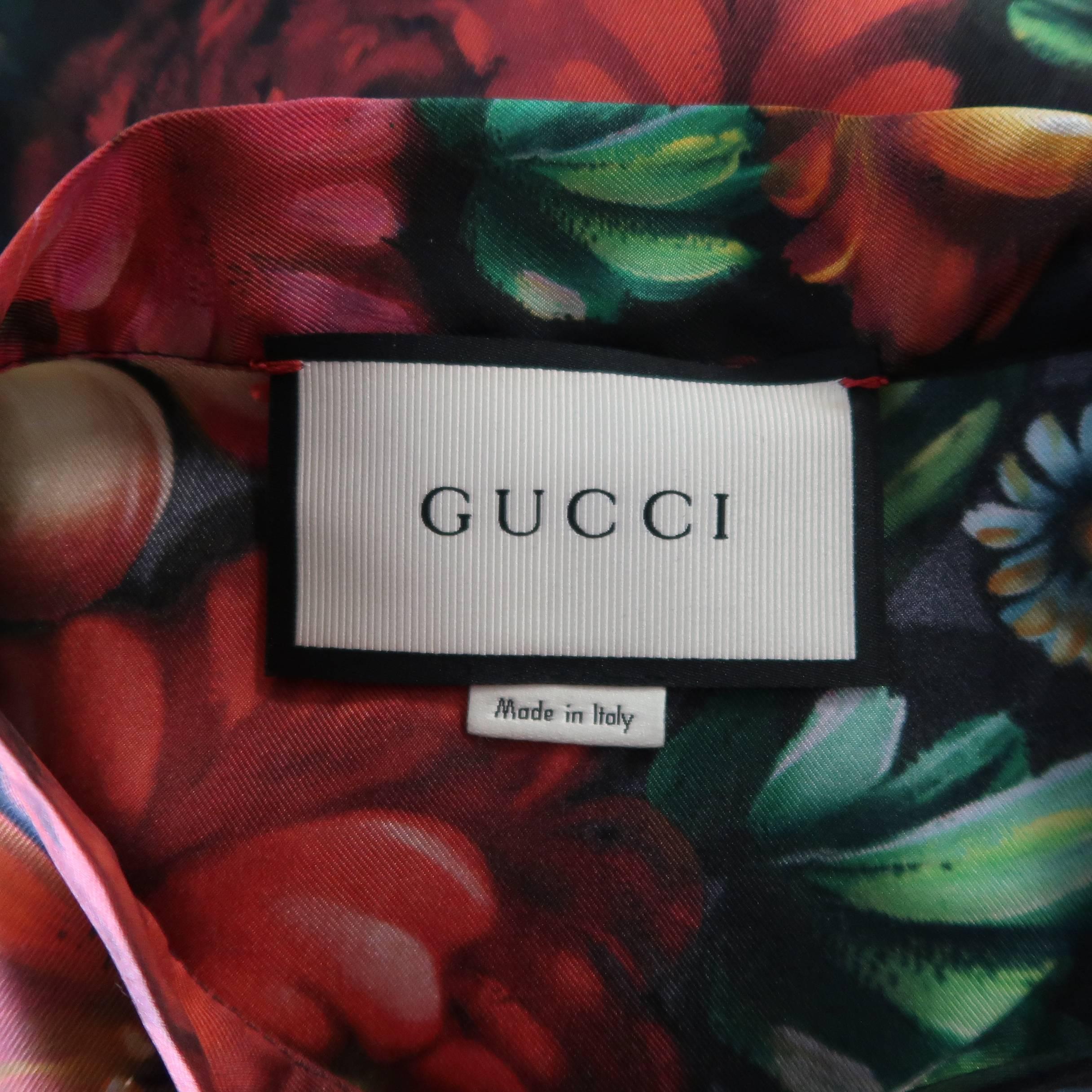 Gucci Dress - Painted Floral Print Silk Ruffled Bow Collar A Line Dress 2