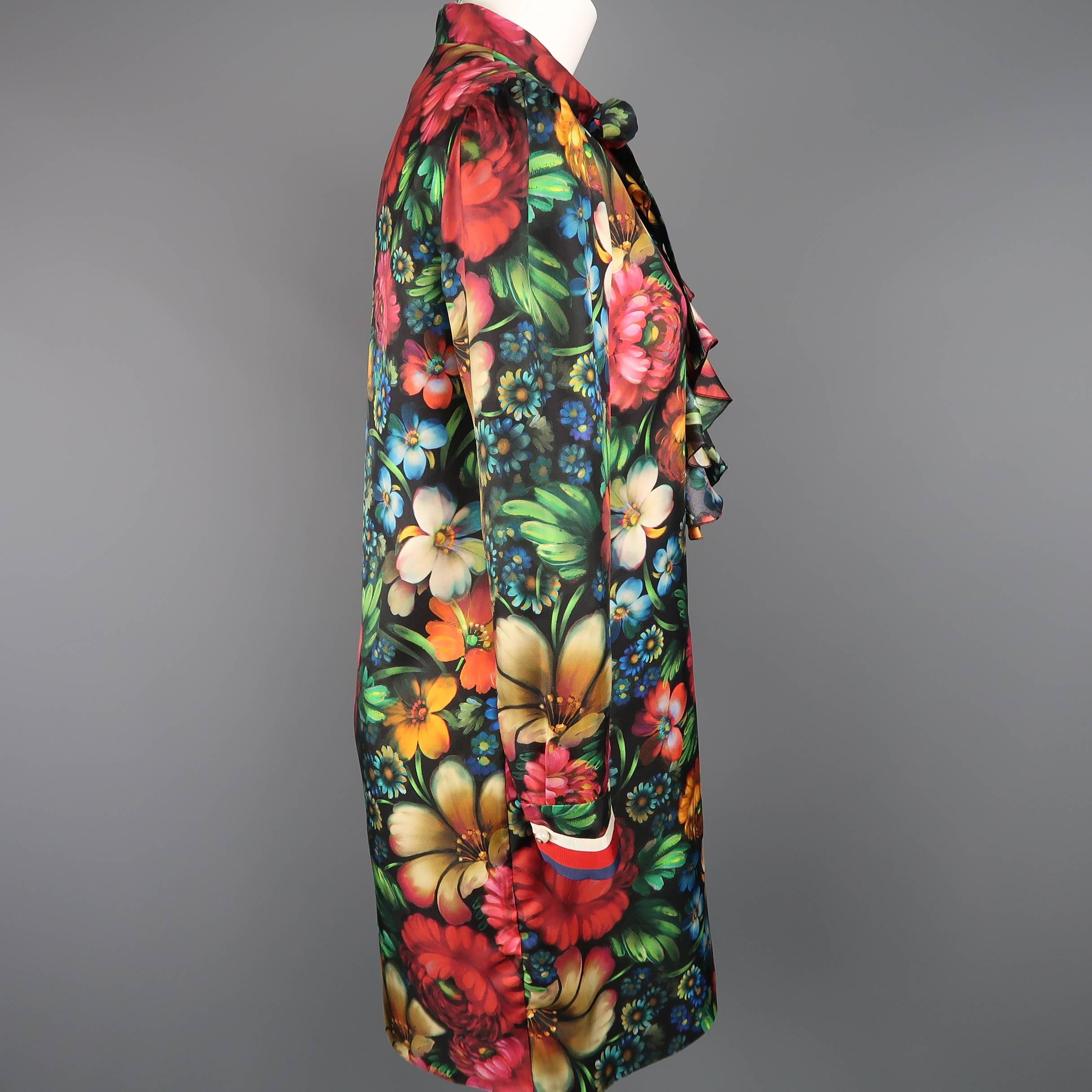 Gucci Dress - Painted Floral Print Silk Ruffled Bow Collar A Line Dress In Excellent Condition In San Francisco, CA