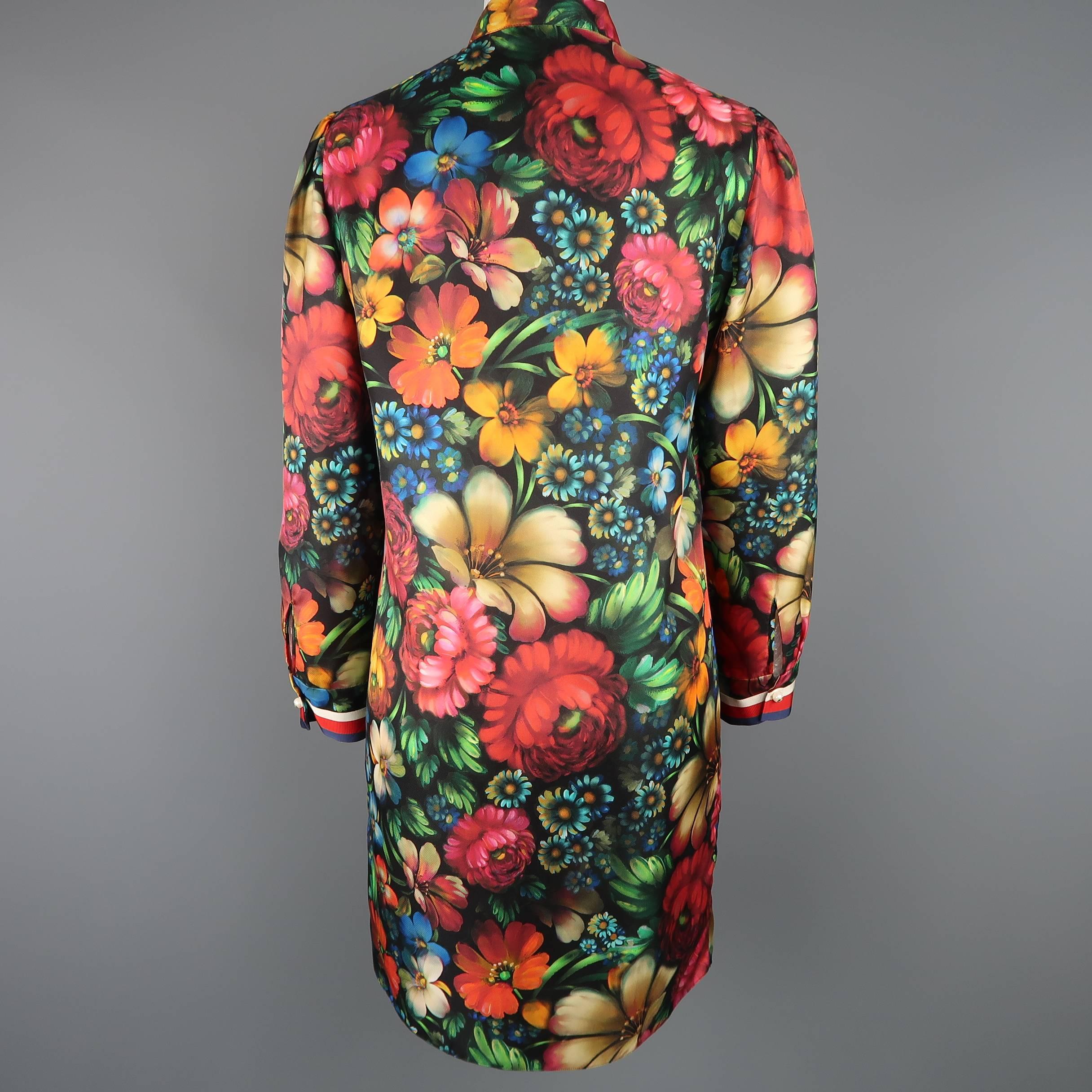 Women's Gucci Dress - Painted Floral Print Silk Ruffled Bow Collar A Line Dress