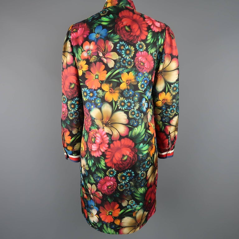 Gucci Dress - Painted Floral Print Silk Ruffled Bow Collar A Line Dress ...