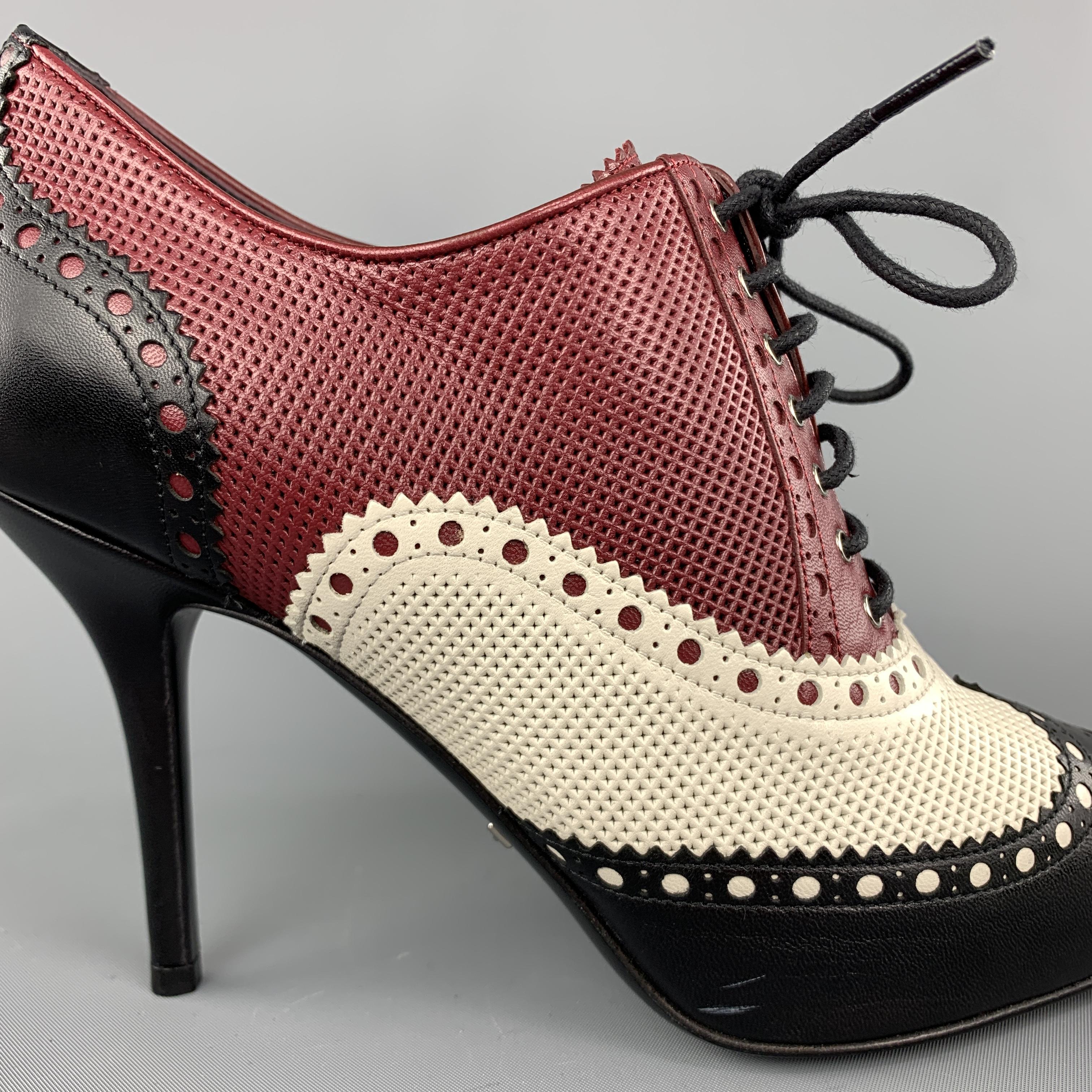 GUCCI Size 8 Red Black & White Perforated Leather Oxford Booties 1
