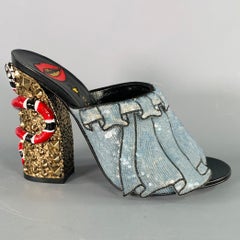 GUCCI Size 8 Trompe L'oeil Blue Red Gold Beaded Mules Sandals