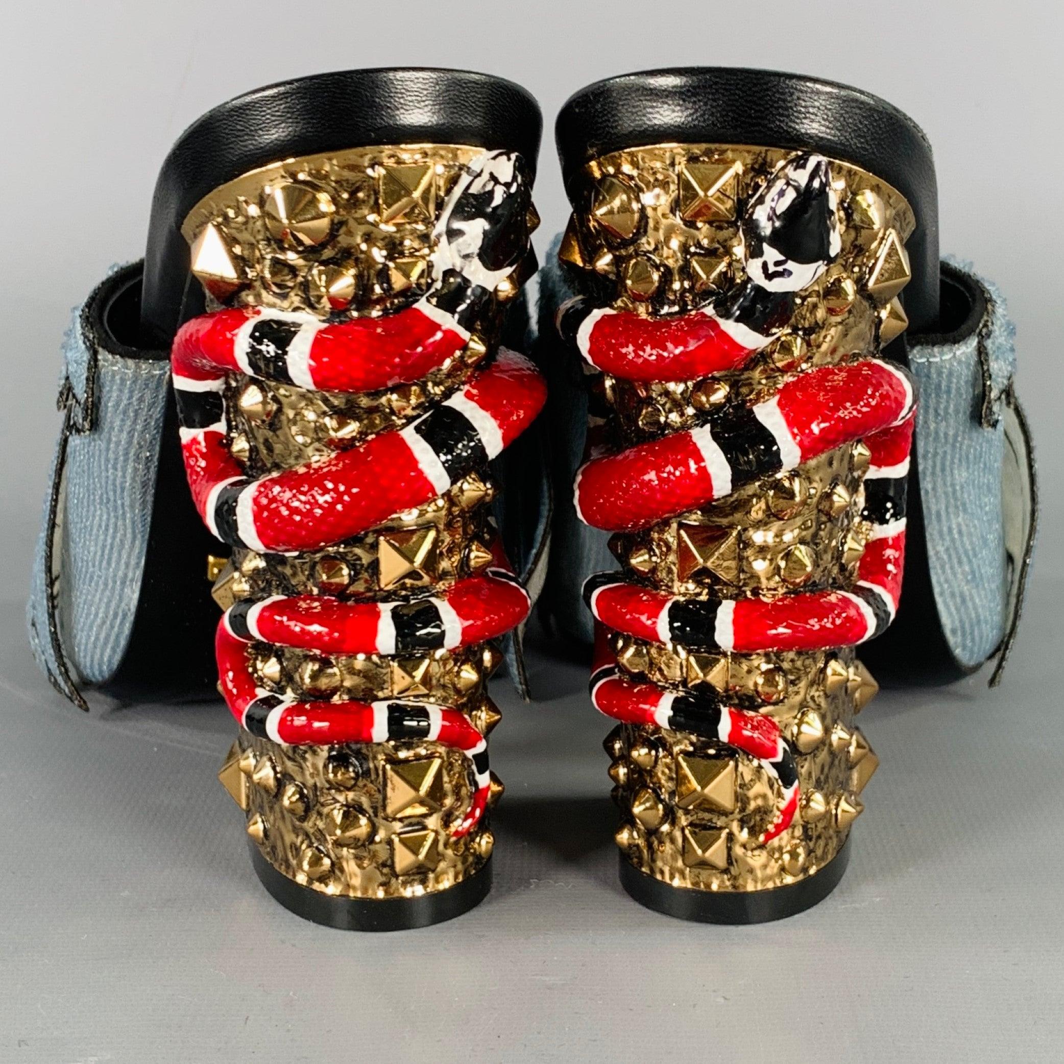 Gris GUCCI Mules trompe-l'œil bleu rouge or perlées taille 8 en vente