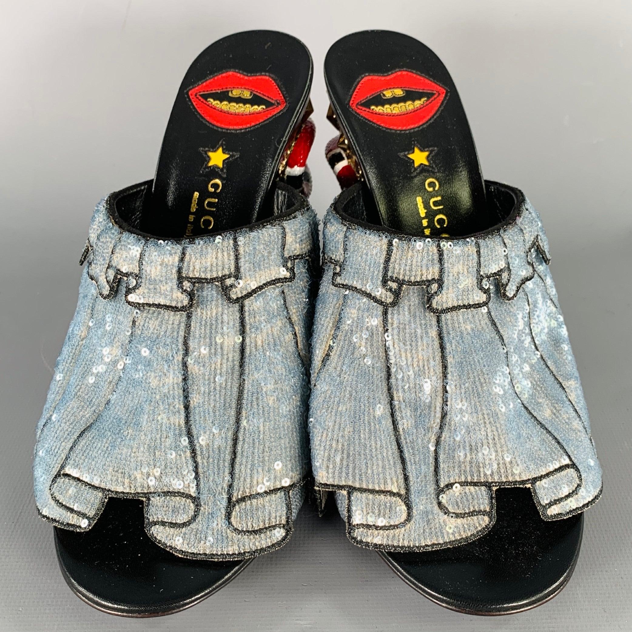 GUCCI Mules trompe-l'œil bleu rouge or perlées taille 8 Pour femmes en vente
