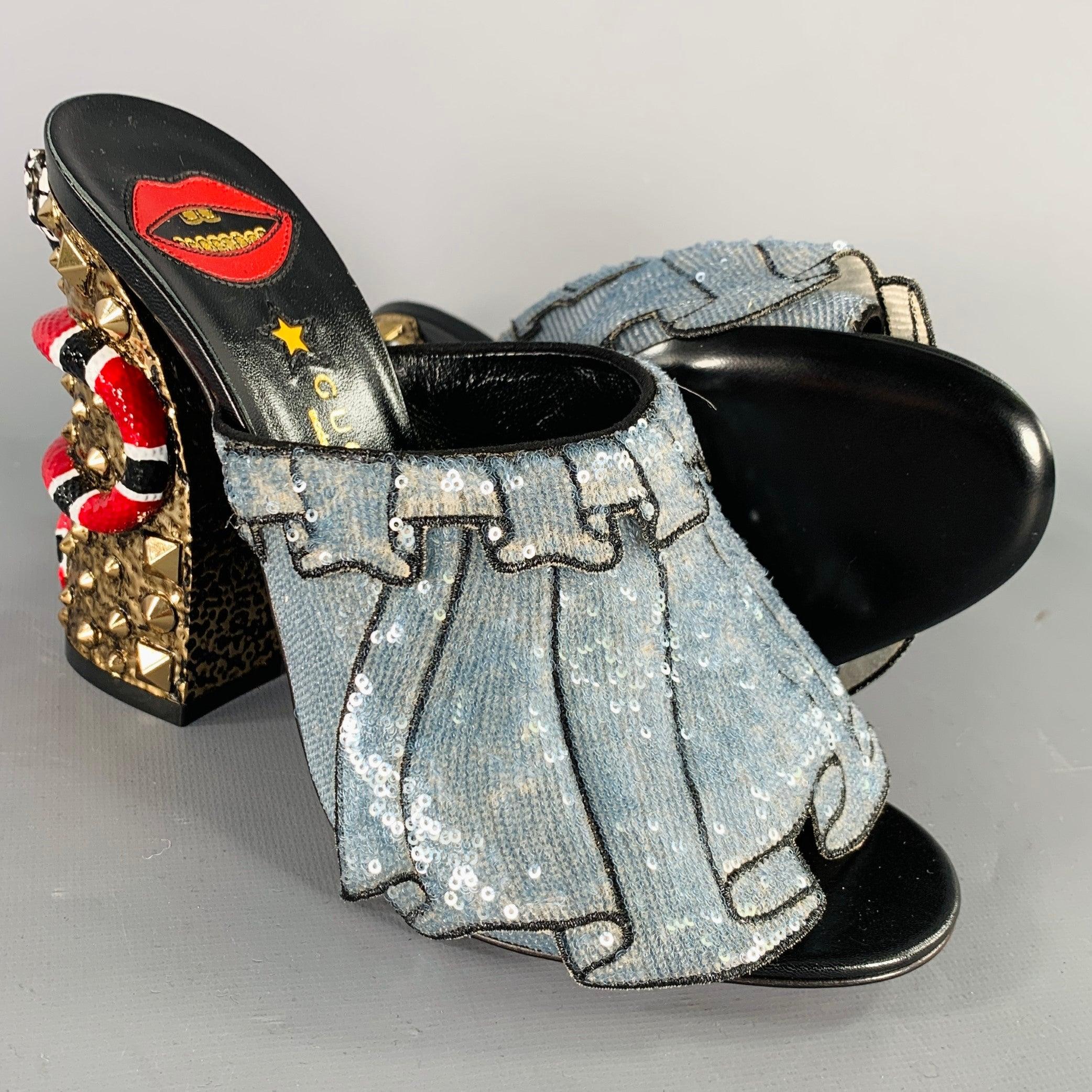 GUCCI Mules trompe-l'œil bleu rouge or perlées taille 8 en vente 1