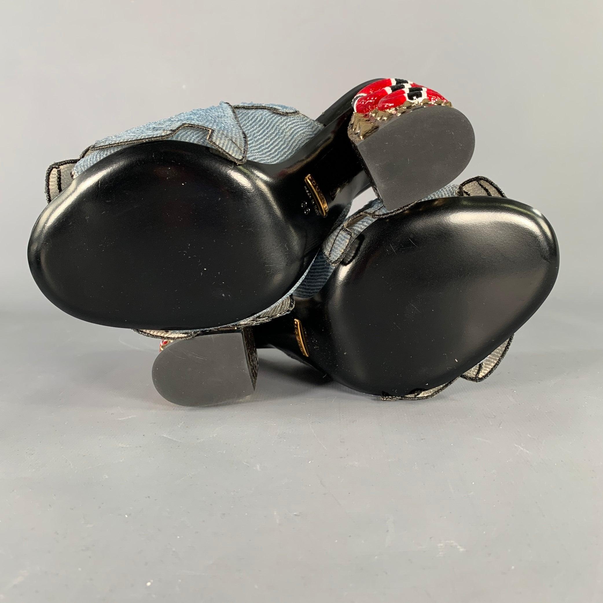 GUCCI Mules trompe-l'œil bleu rouge or perlées taille 8 en vente 2