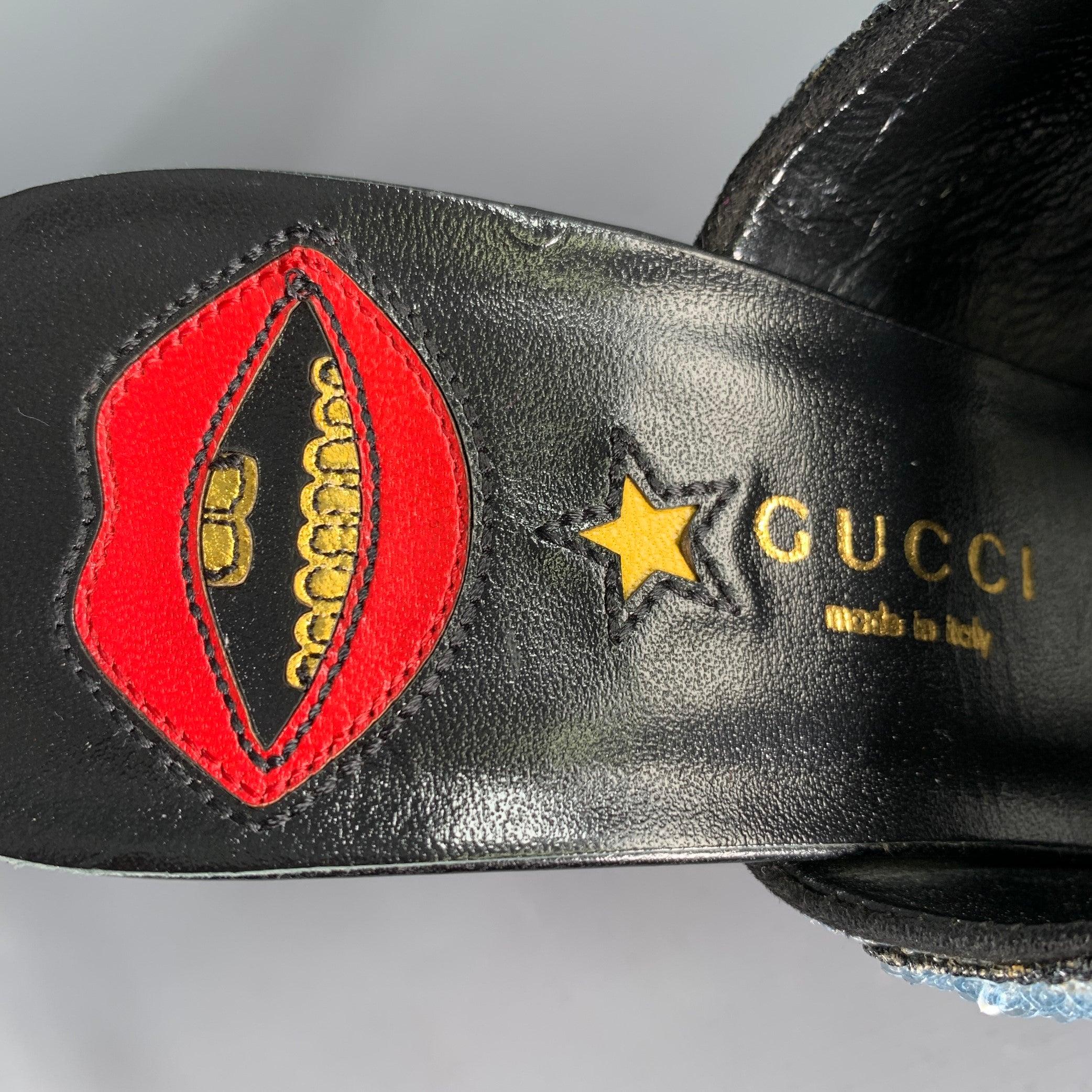 GUCCI Mules trompe-l'œil bleu rouge or perlées taille 8 en vente 3