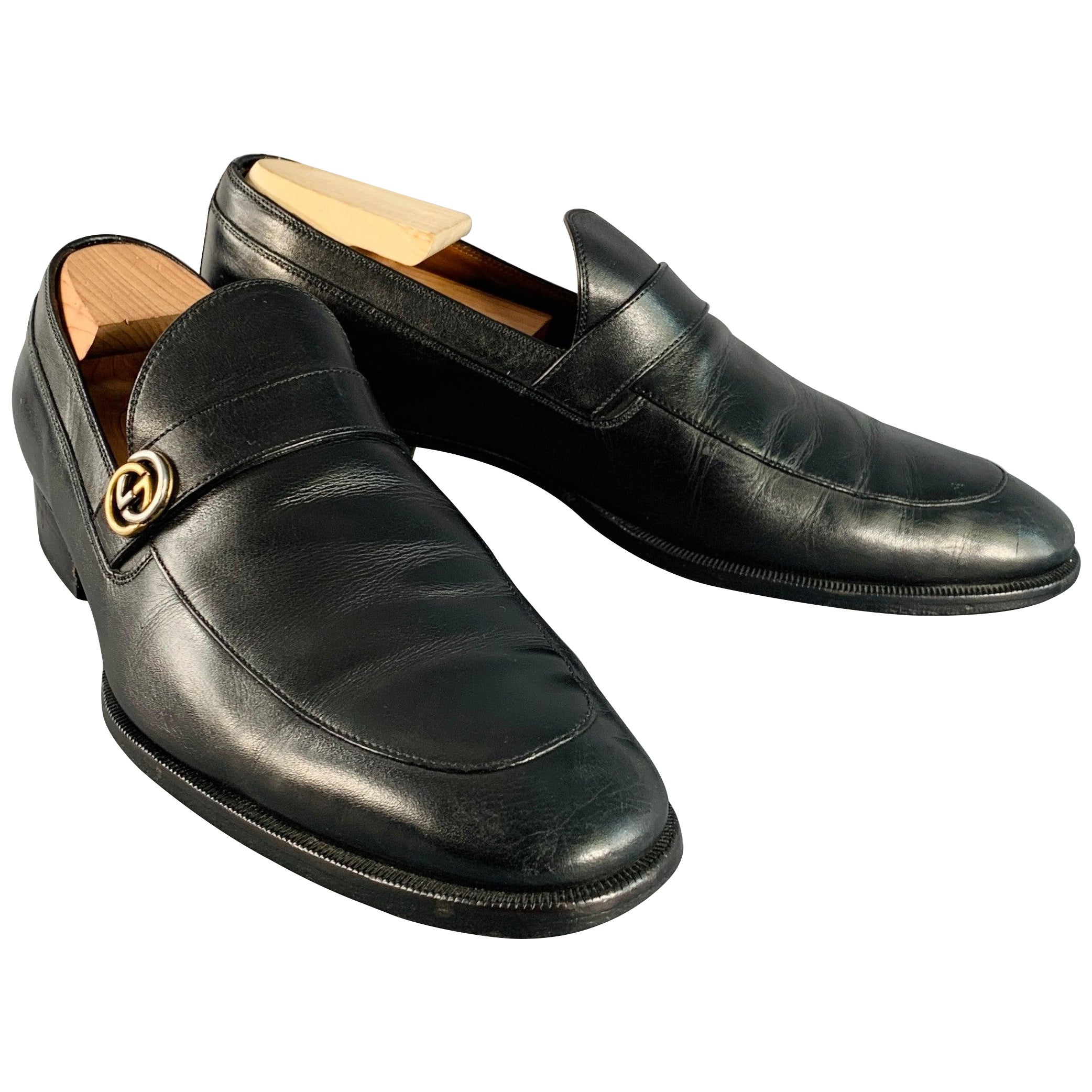 GUCCI Größe 8,5 Schwarz GG Monogram Leder Riemen Slip On Loafers