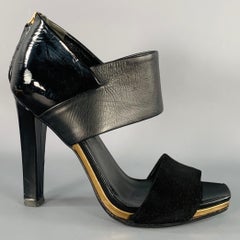 GUCCI Size 8.5 Black Gold Suede Patent Leather Ankle Sandals