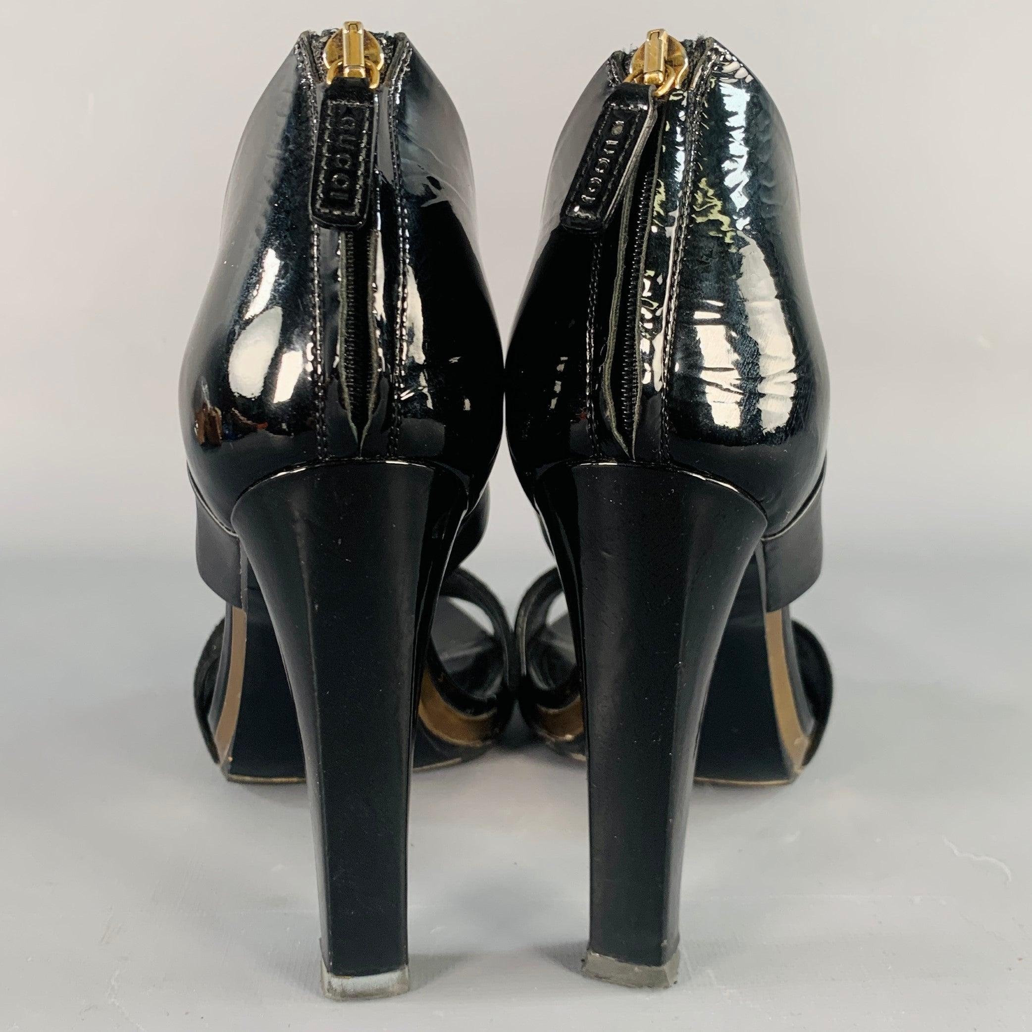 GUCCI Size 8.5 Black Gold Suede Patent Leather Ankle Sandals In Good Condition For Sale In San Francisco, CA