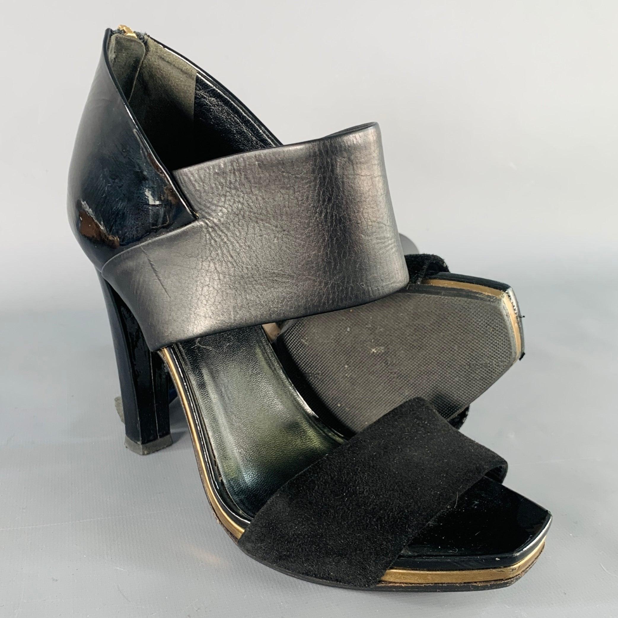 GUCCI Size 8.5 Black Gold Suede Patent Leather Ankle Sandals For Sale 1
