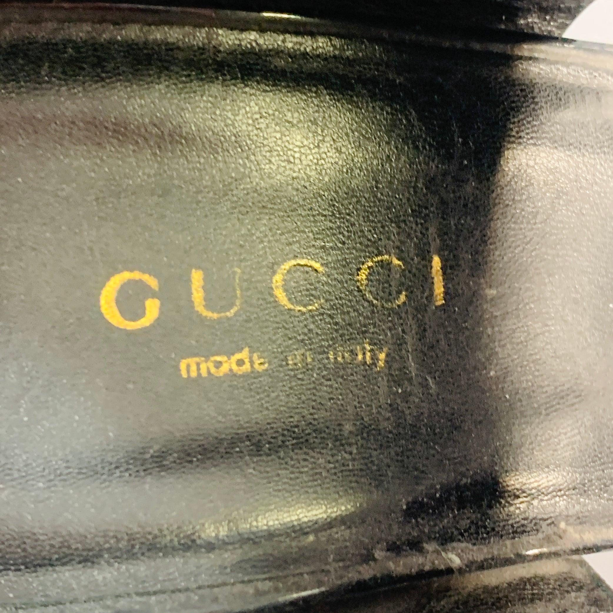 GUCCI Size 8.5 Black Gold Suede Patent Leather Ankle Sandals For Sale 3