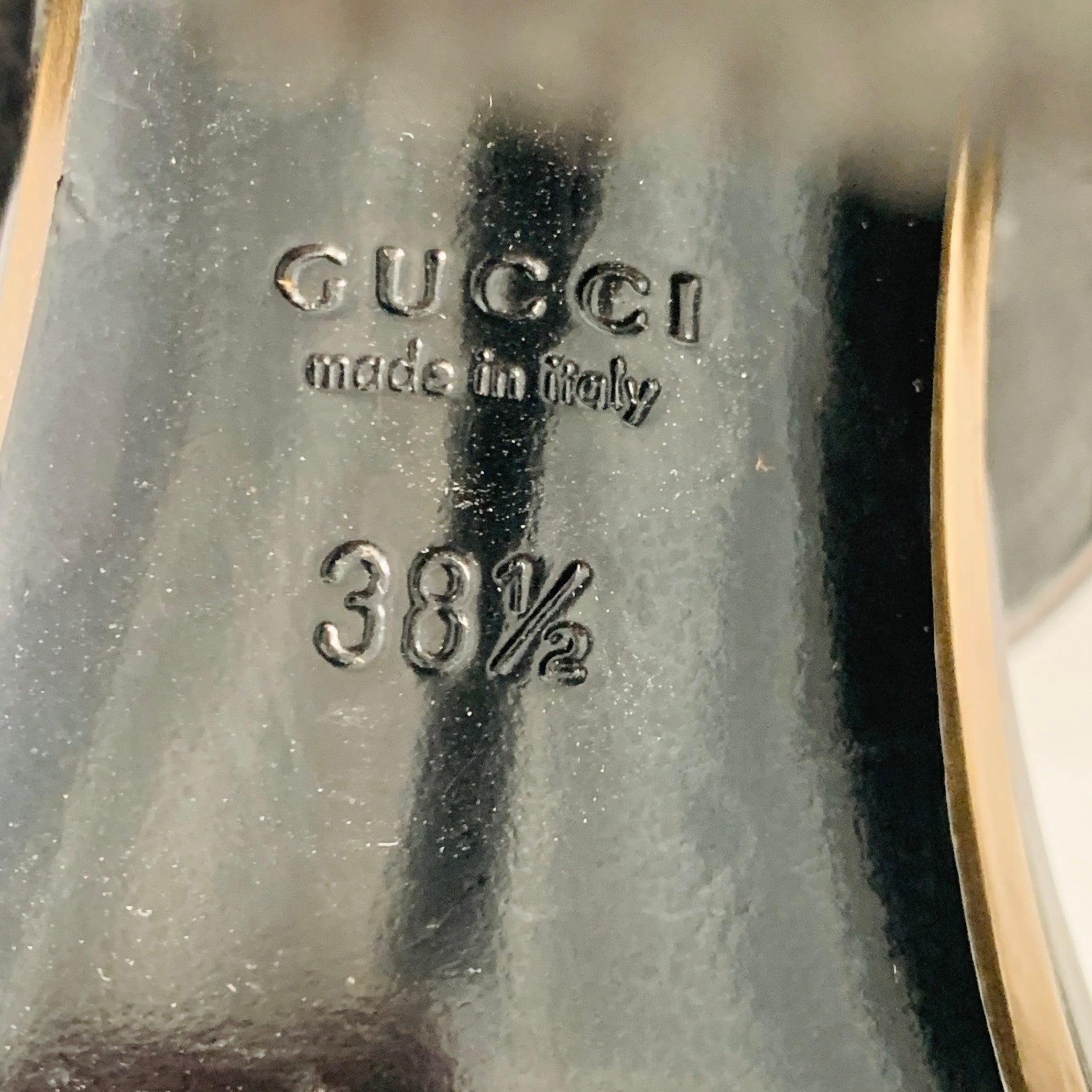 GUCCI Size 8.5 Black Gold Suede Patent Leather Ankle Sandals For Sale 4