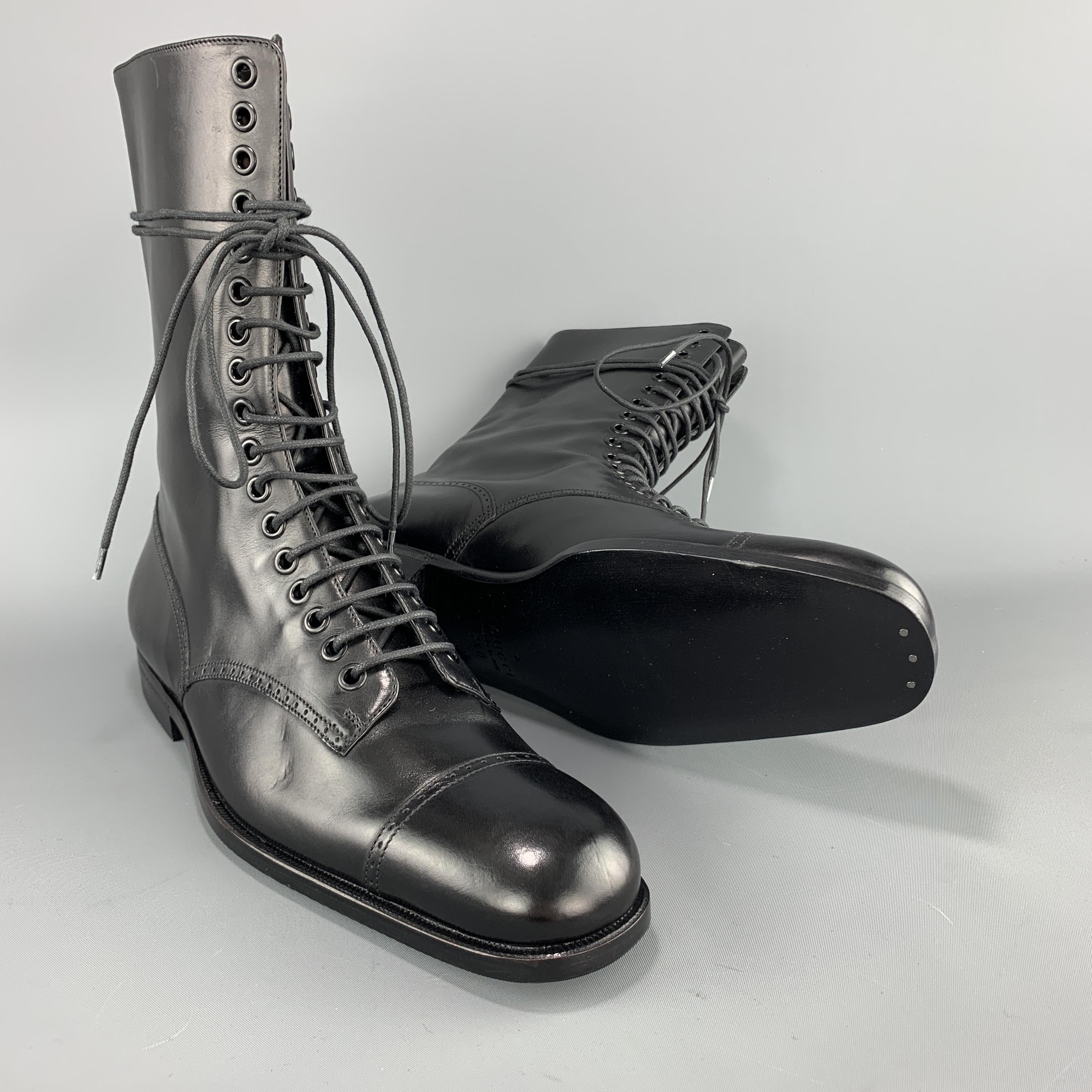 Men's GUCCI Size 8.5 Black Leather Brogue Toe Cap Lace Up Calf Boots