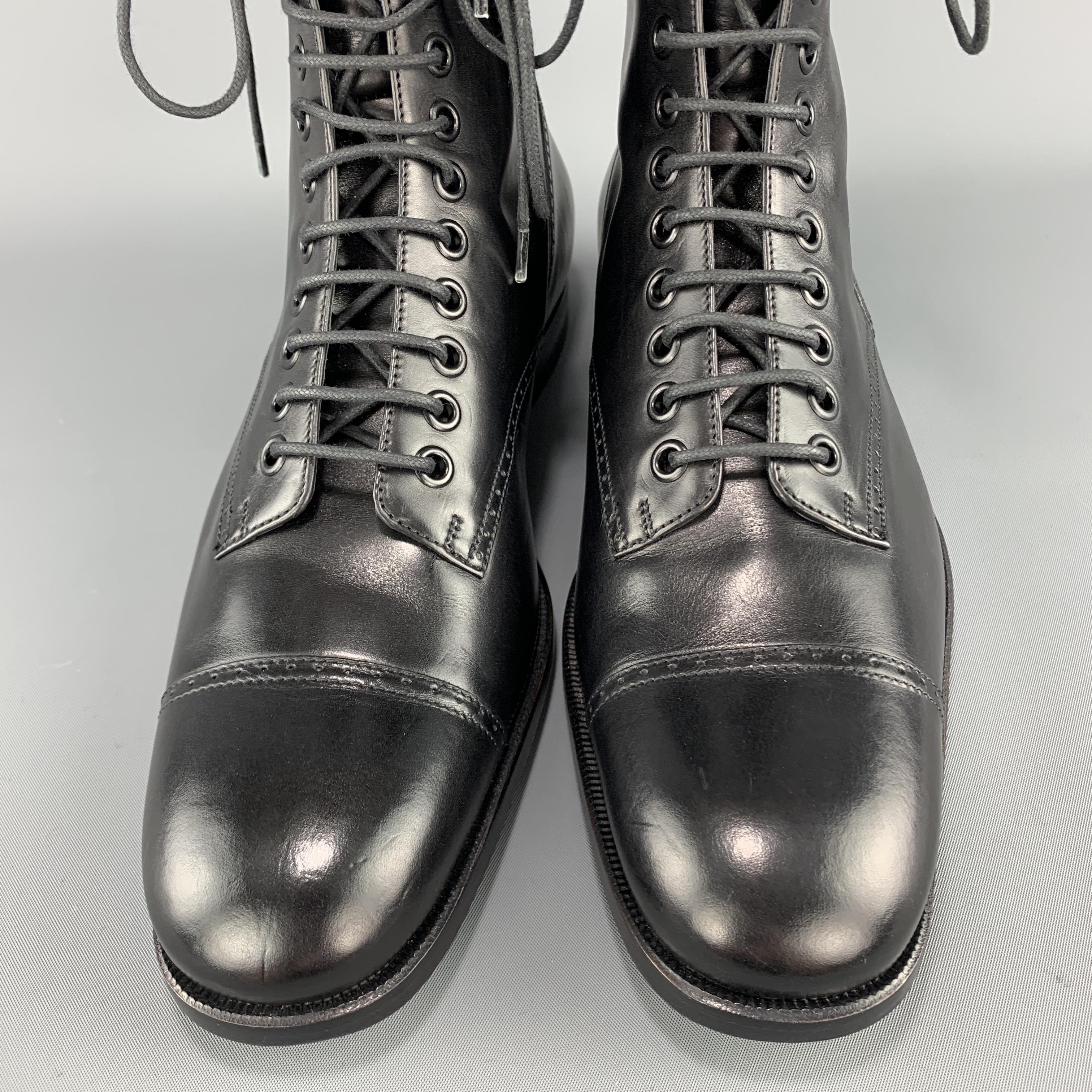 GUCCI Size 8.5 Black Leather Brogue Toe Cap Lace Up Calf Boots 2