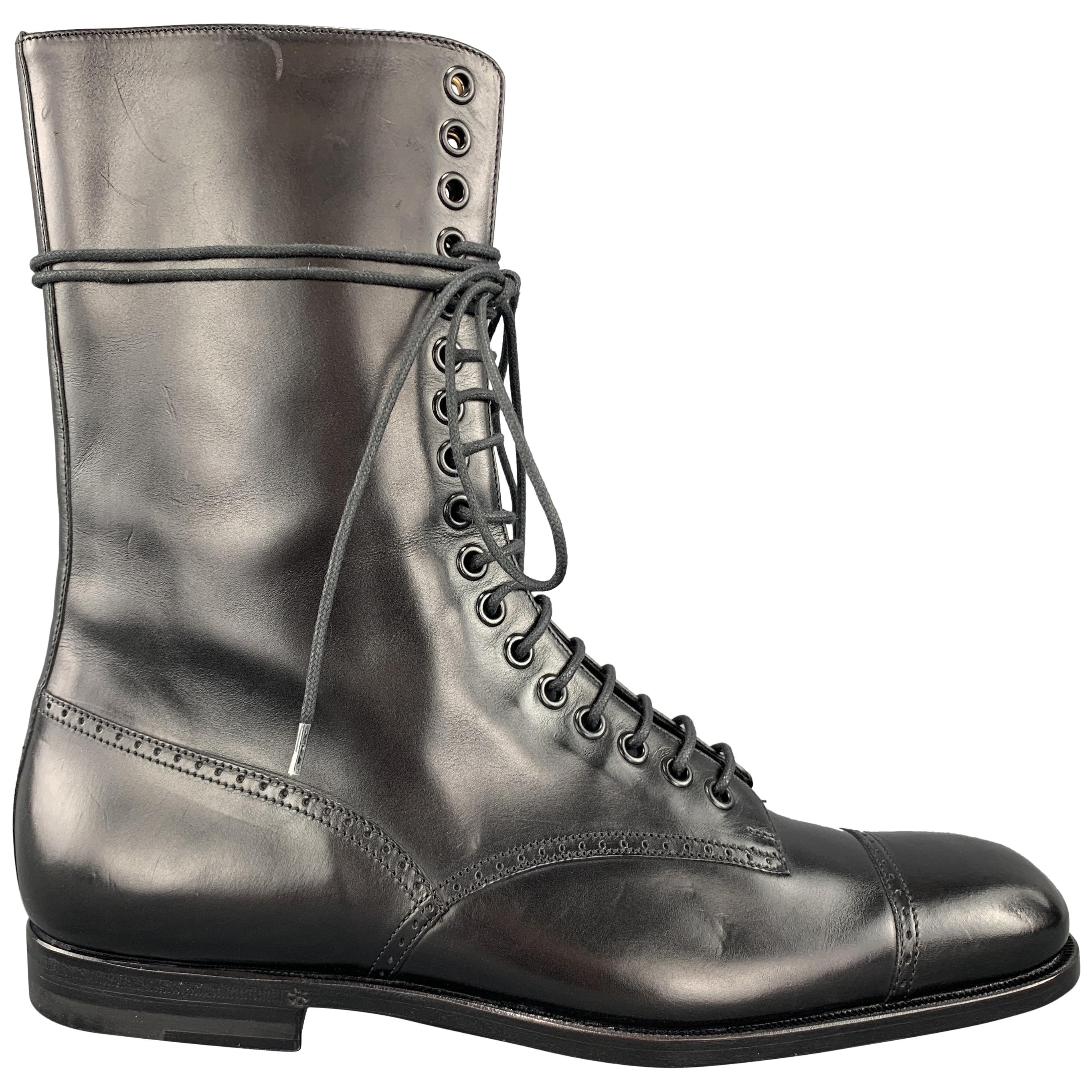 GUCCI Size 8.5 Black Leather Brogue Toe Cap Lace Up Calf Boots