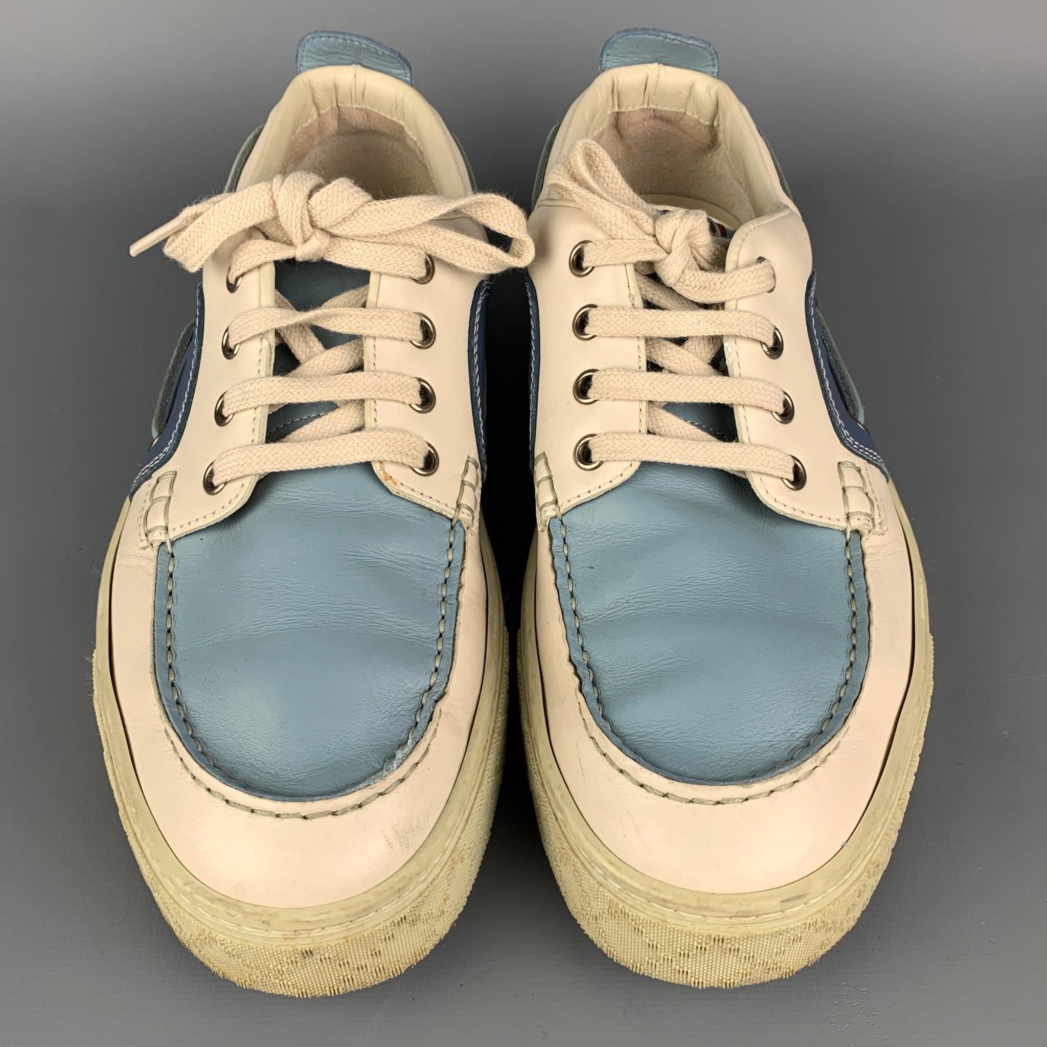GUCCI Size 8.5 Blue and Beige Color Block Leather Boat Shoe Sneakers at