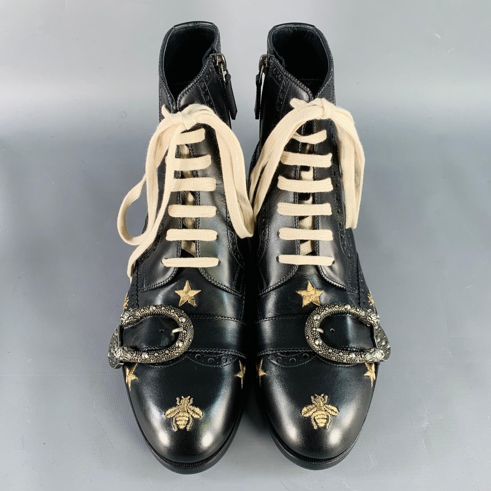 Gucci Size 8.5 Dionysus Black Silver Gold Bee Stars Embroidery Buckle Boots Bon état - En vente à San Francisco, CA