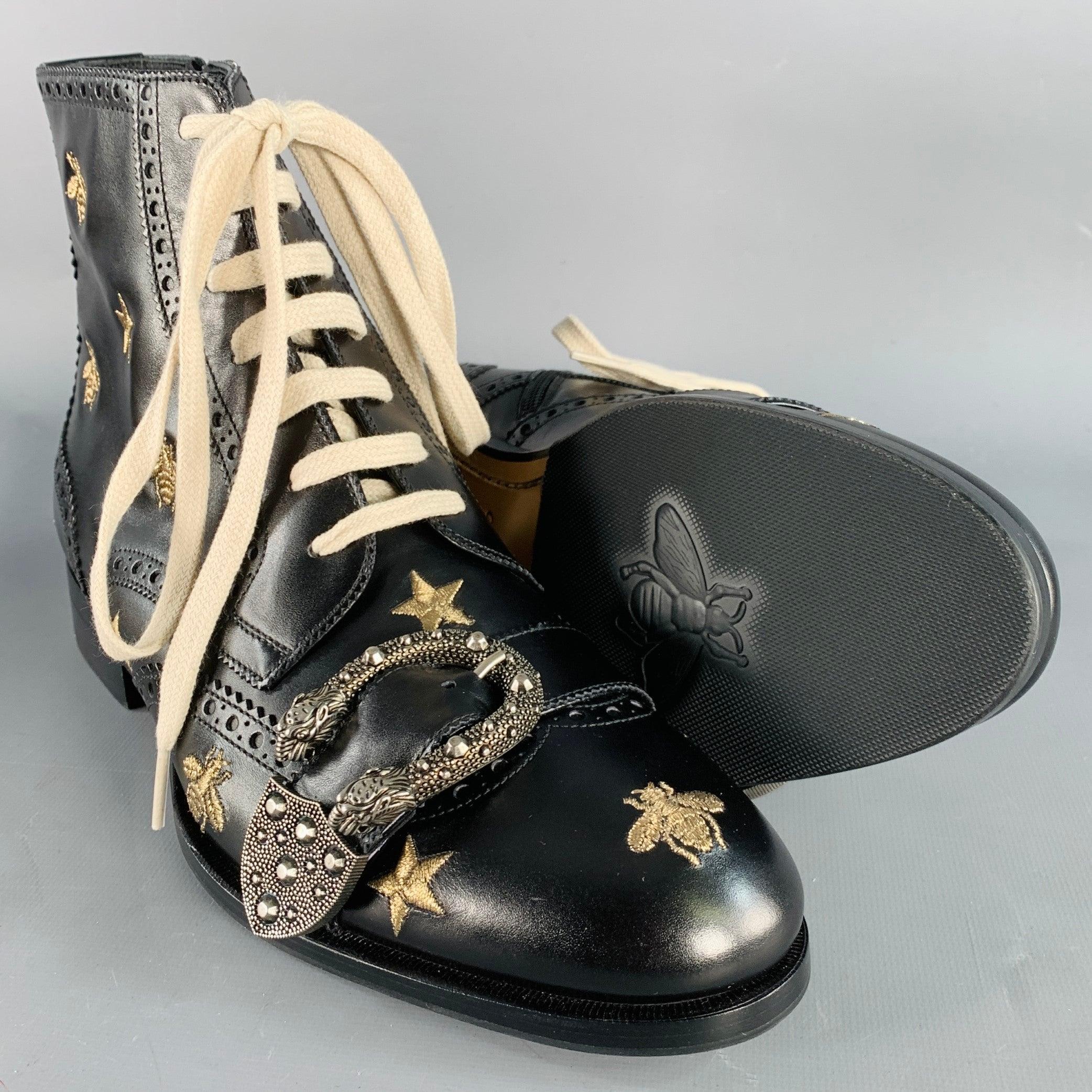 Gucci Size 8.5 Dionysus Black Silver Gold Bee Stars Embroidery Buckle Boots en vente 2