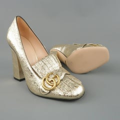 GUCCI Size 8.5 Gold Crackle Leather MARMONT GG Loafer Pumps