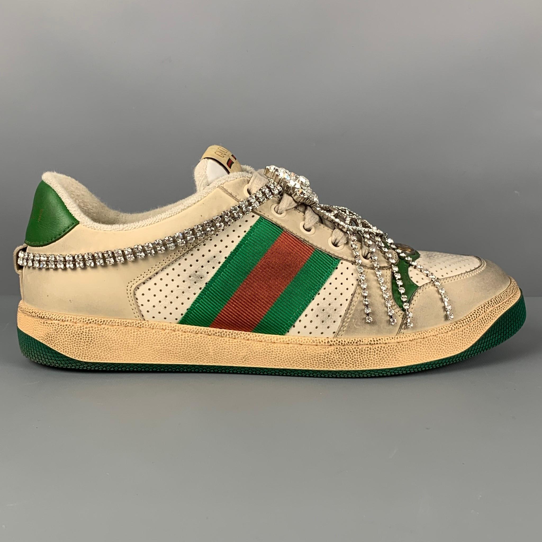 GUCCI Size 8.5 Off White Green Distressed Leather Crystal Screener ...