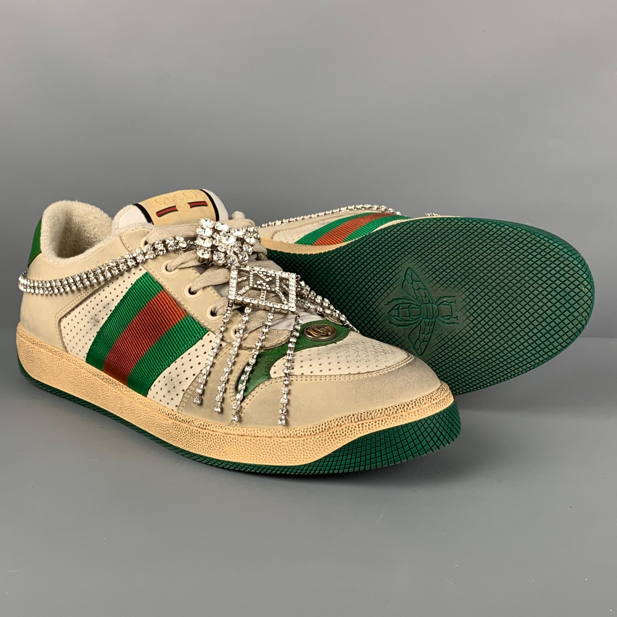 GUCCI Size 8.5 Off White Green Distressed Leather Crystal Screener ...