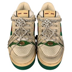 GUCCI Size 8.5 Off White Green Distressed Leather Crystal Screener Sneakers