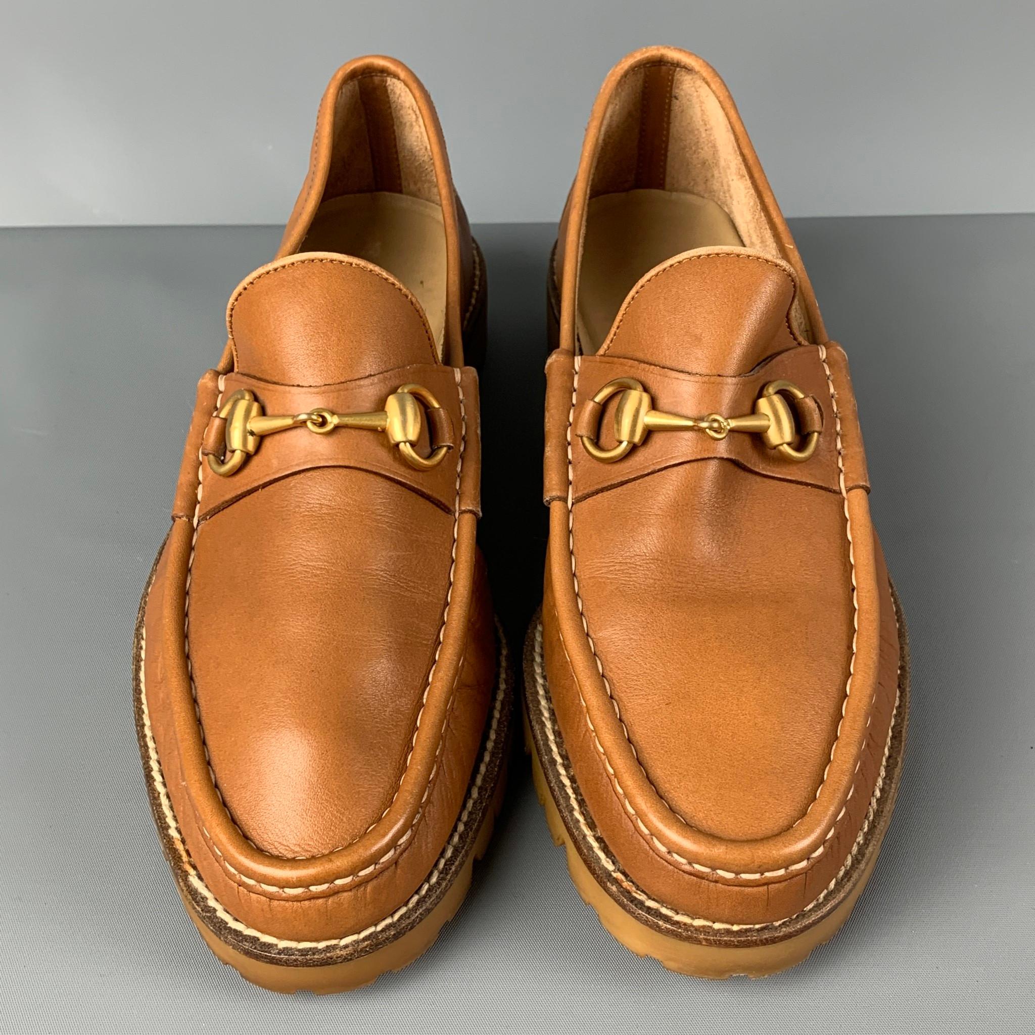 Brown GUCCI Size 8.5 Tan Leather Horsebit Slip On Loafers